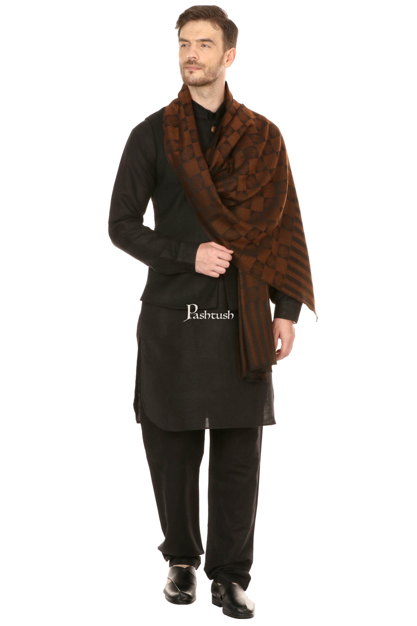 Pashtush India Mens Scarves Stoles and Mufflers Pashtush Mens Reversible Stole, Checkered Design - Espresso