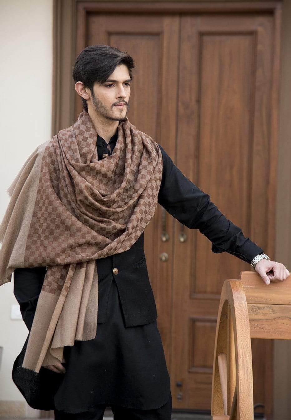 Pashtush Mens Reversible Stole, Checkered Design Rich Coffee