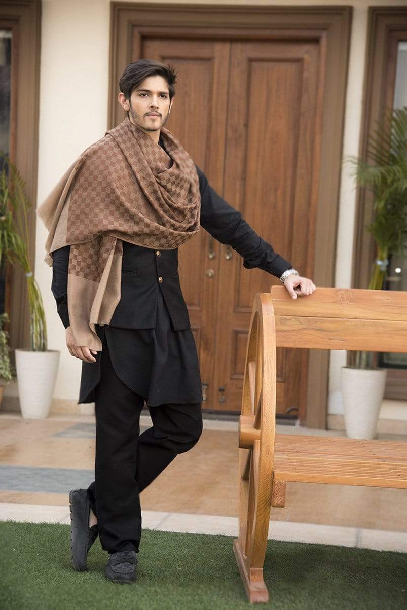 Pashtush Mens Reversible Stole, Checkered Design Rich Coffee