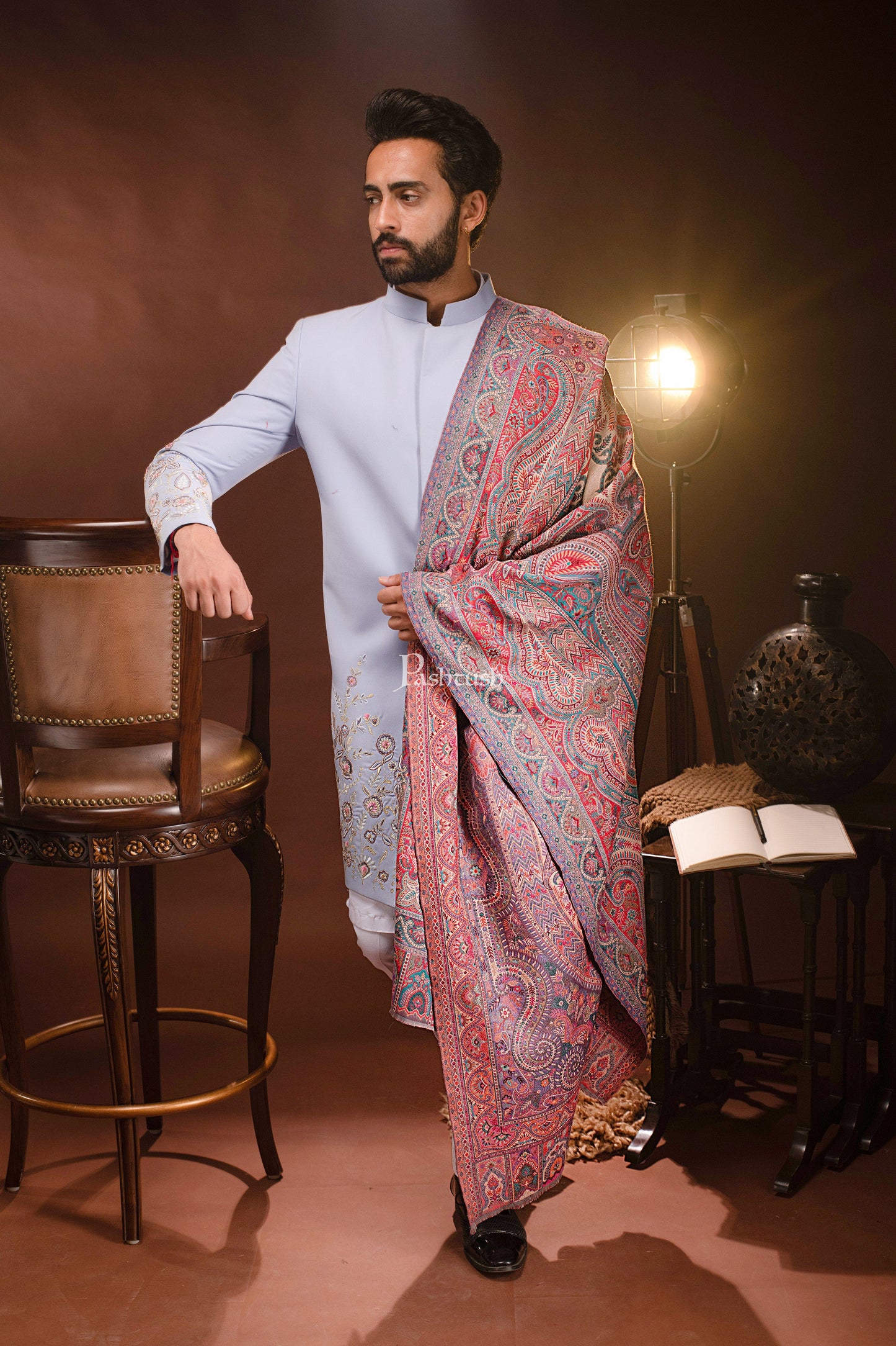 Pashtush India Mens Scarves Stoles and Mufflers Pashtush Mens Reversible Stole, Faux Pashmina, Woven Antique Heritage Design, Jamawar, Multicolour