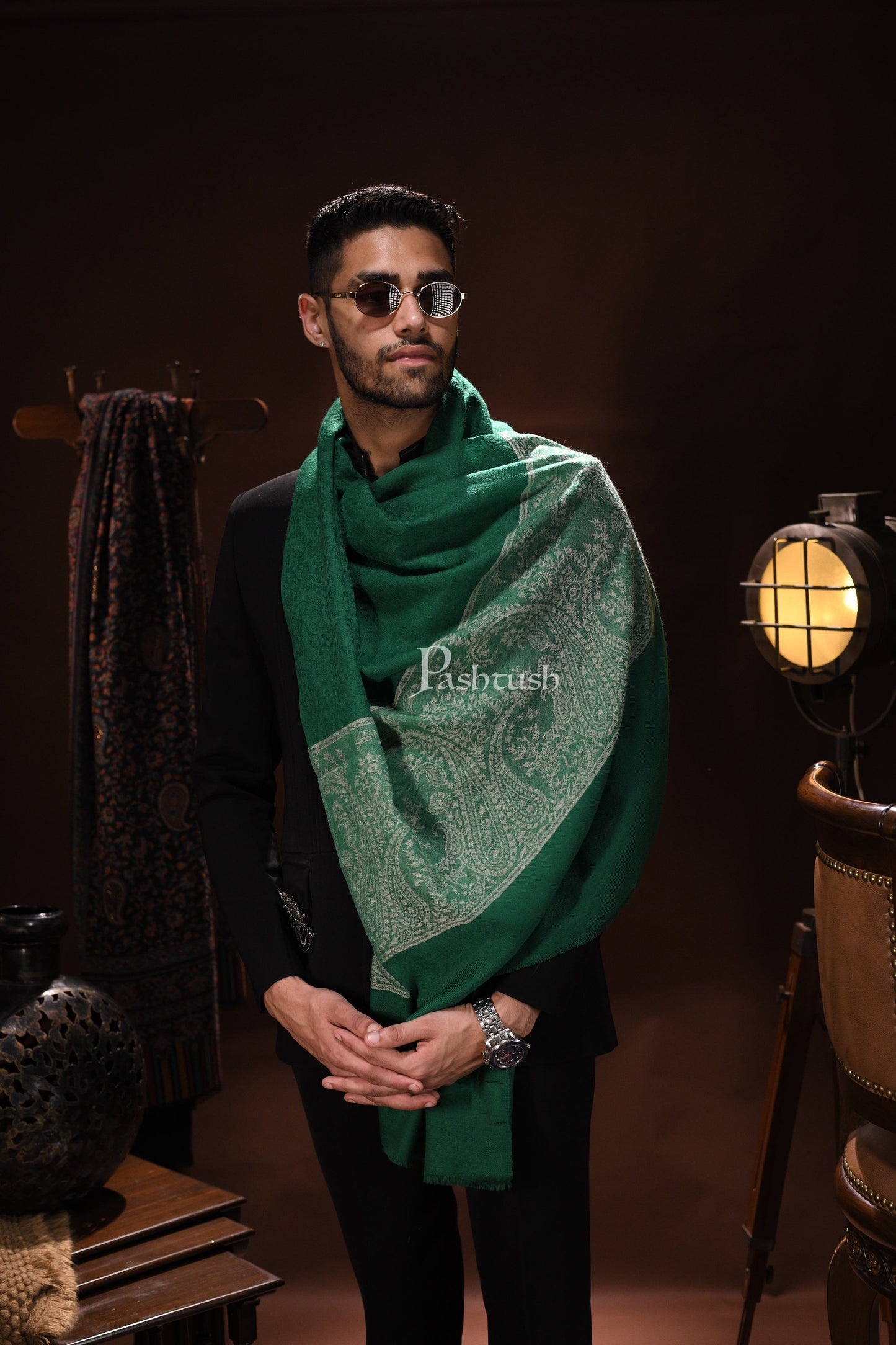 Pashtush India Mens Scarves Stoles and Mufflers Pashtush Mens Scarf With Chanting Paisleys Design, Soft And Warm, Emerald Green
