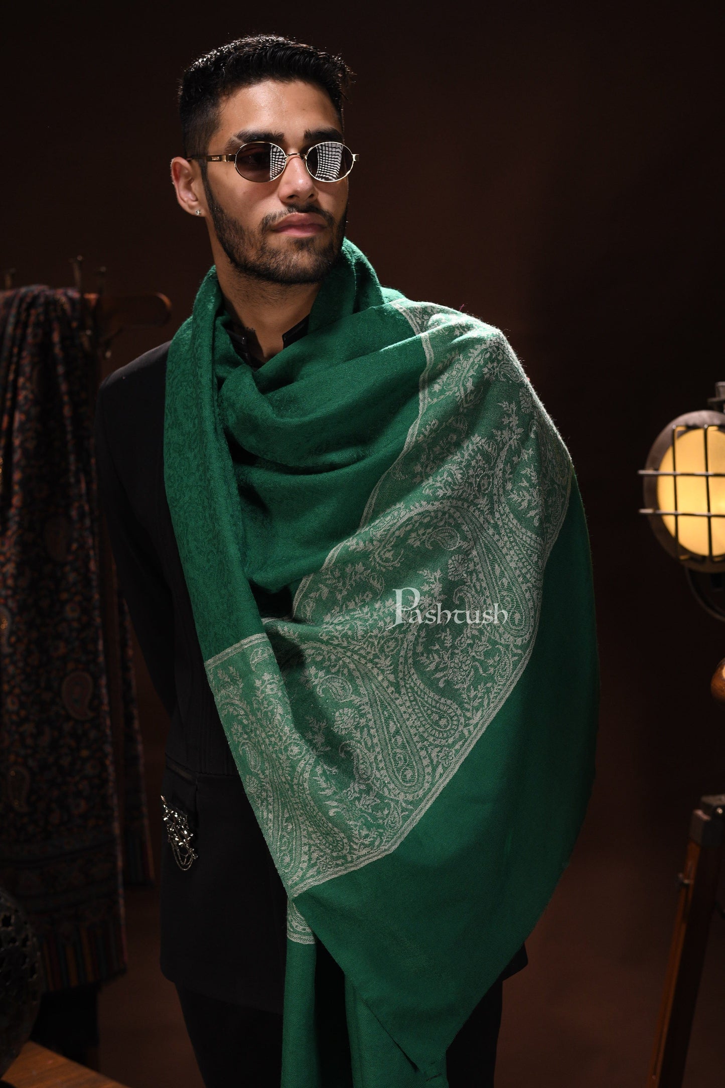 Pashtush India Mens Scarves Stoles and Mufflers Pashtush Mens Scarf With Chanting Paisleys Design, Soft And Warm, Emerald Green