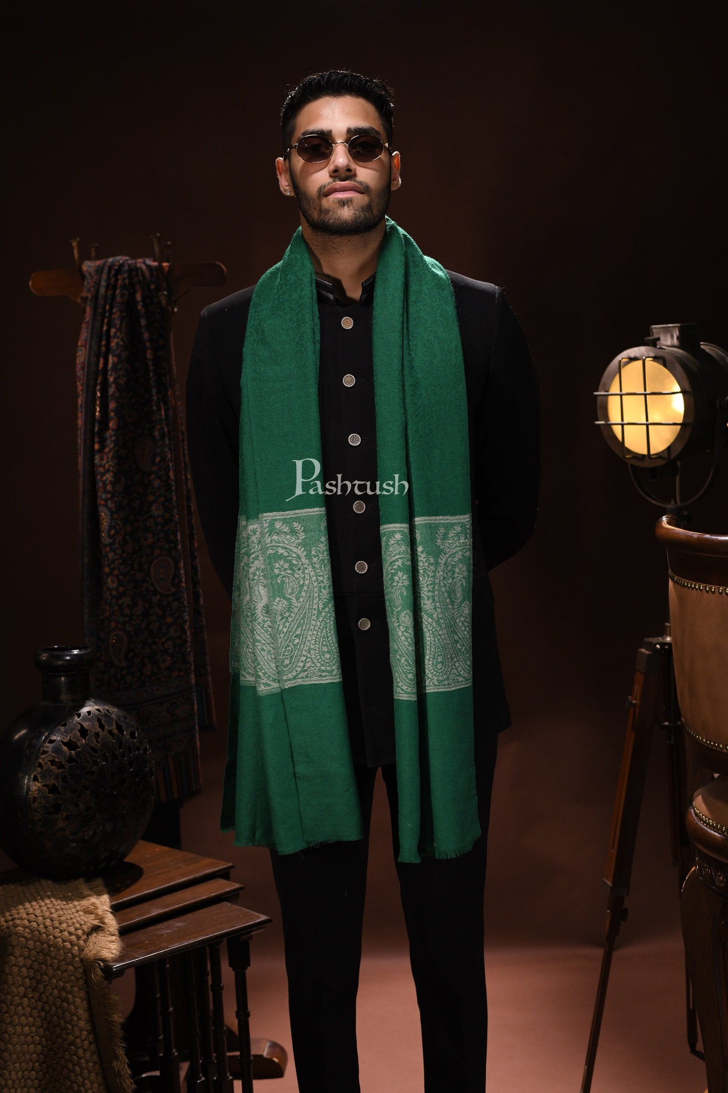 Pashtush India Mens Scarves Stoles and Mufflers Pashtush Mens Scarf With Chanting Paisleys Design, Soft And Warm, Emerald Green