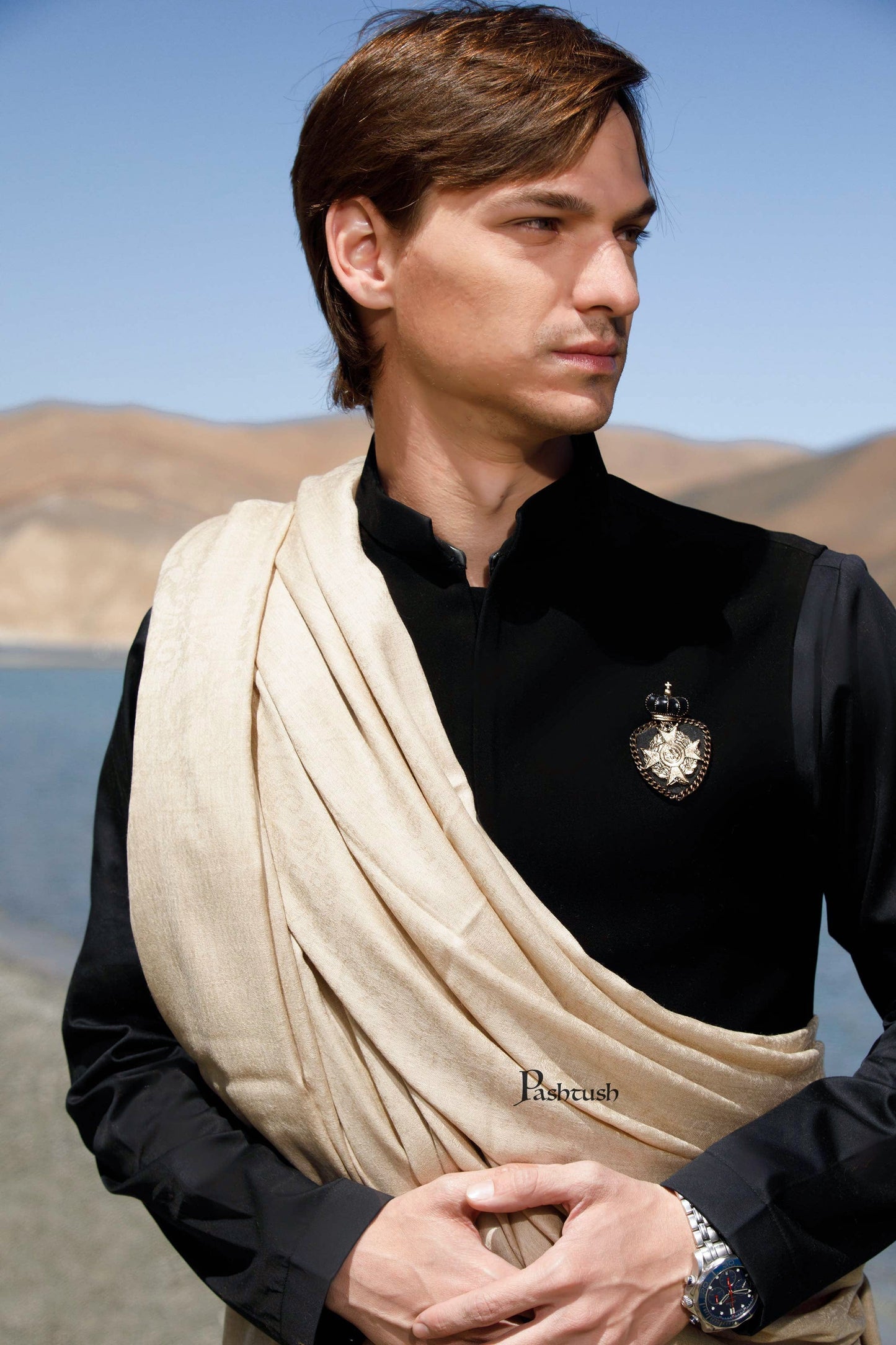 Pashtush India Mens Shawls Gents Shawl Pashtush Mens Shawl 100% Pure Wool With Woolmark Certificate, Self Paisley Weave, Beige