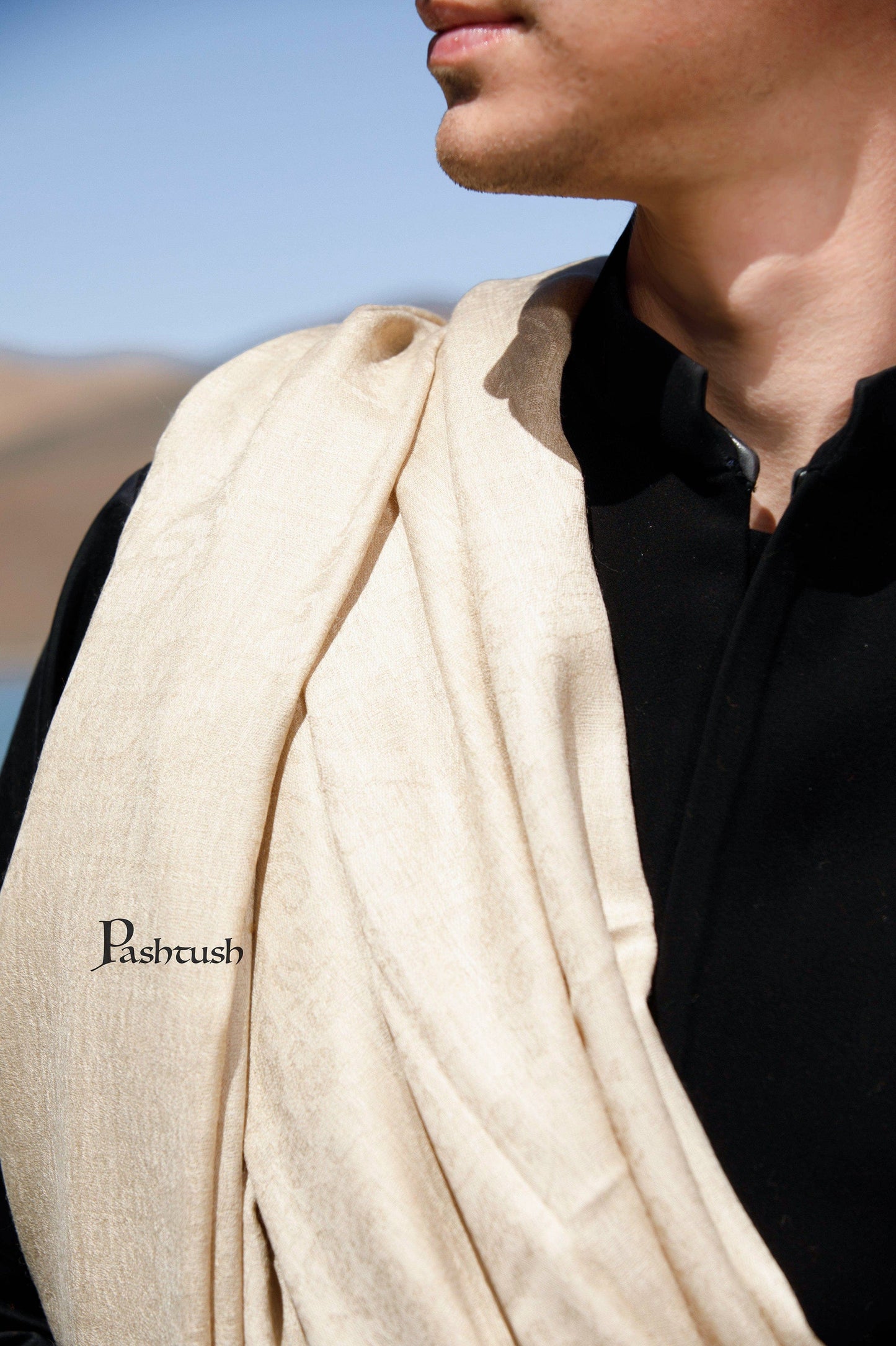 Pashtush India Mens Shawls Gents Shawl Pashtush Mens Shawl 100% Pure Wool With Woolmark Certificate, Self Paisley Weave, Beige