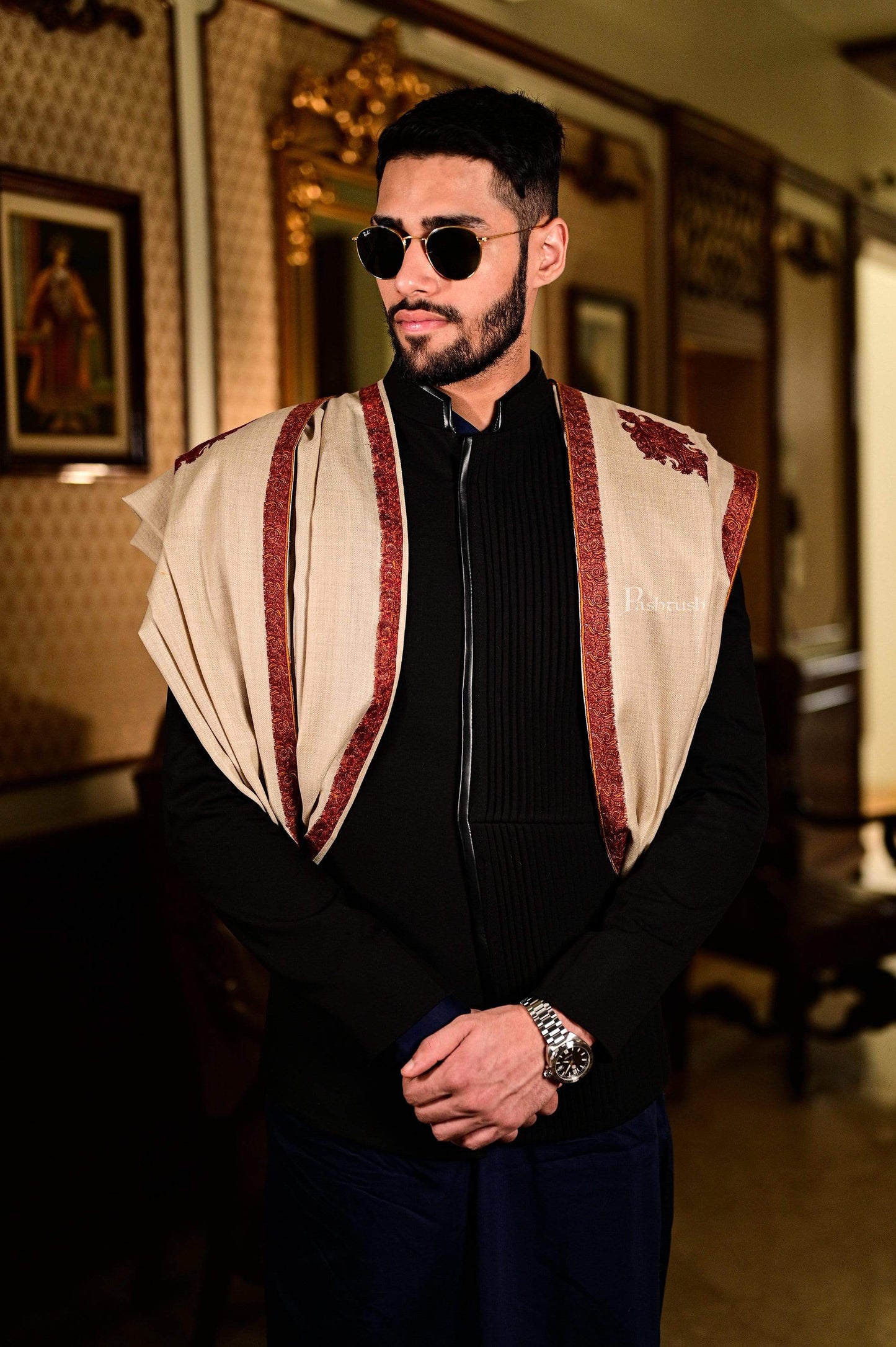 Pashtush India 127x254 Pashtush Mens Shawl, Embroidery Haashia Dushala, Beige