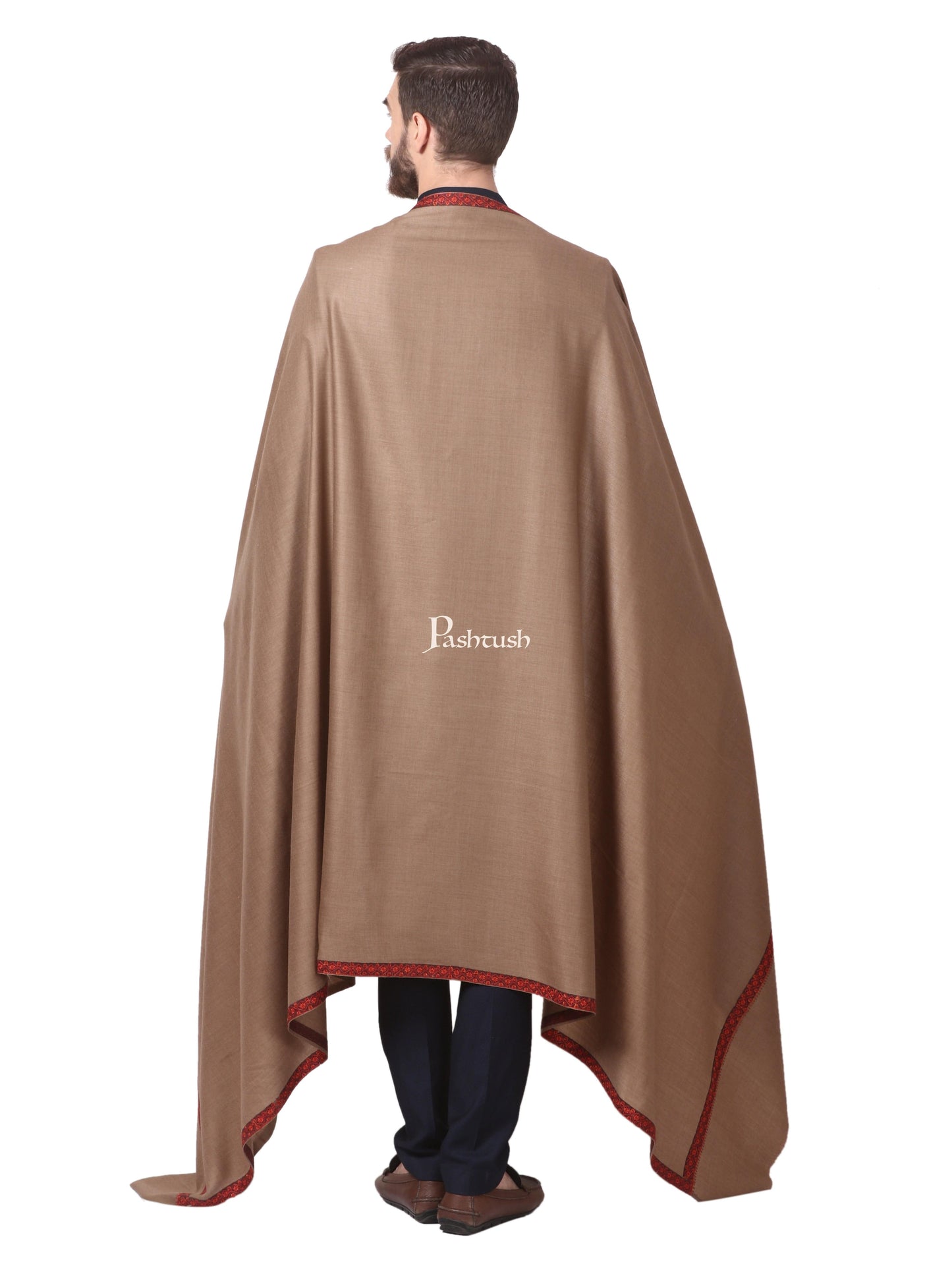 Pashtush India Mens Shawls Gents Shawl Pashtush Mens Shawl, Embroidery Haashia Dushala, Taupe