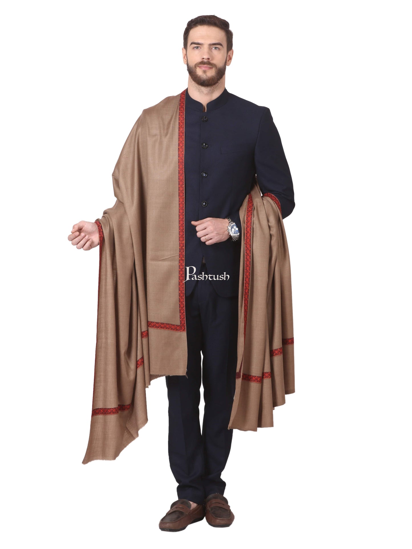 Pashtush India Mens Shawls Gents Shawl Pashtush Mens Shawl, Embroidery Haashia Dushala, Taupe