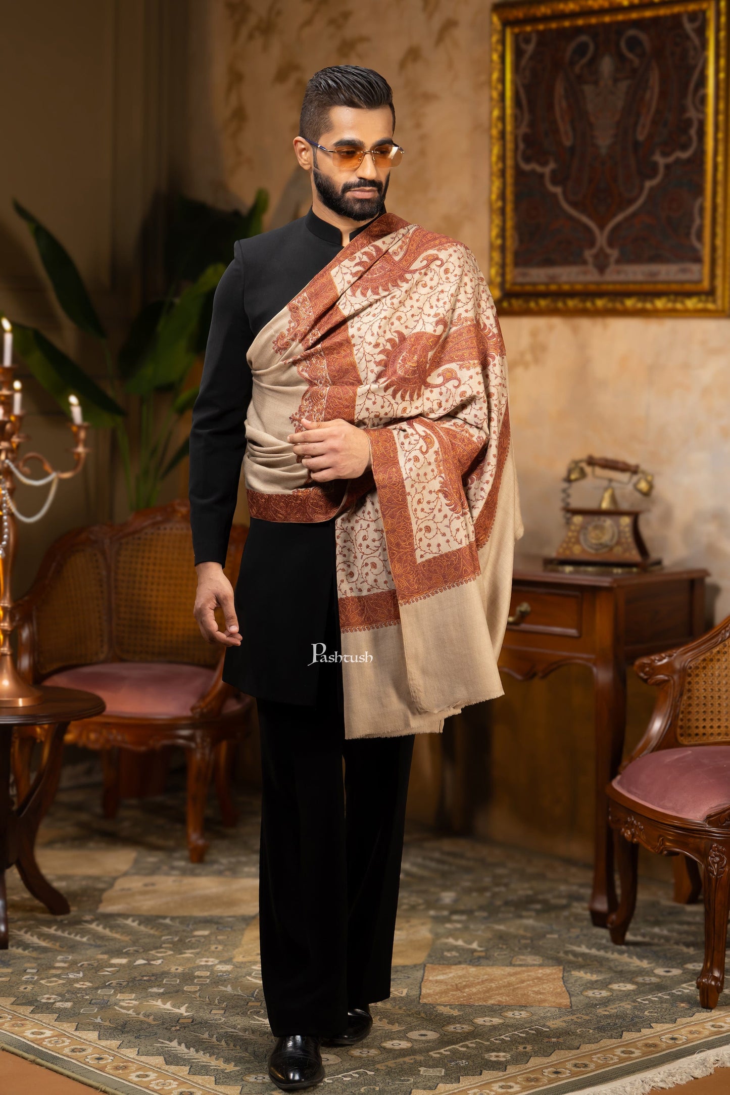 Pashtush India Mens Shawls Gents Shawl Pashtush Mens Shawl, Fine Wool, Full Size, Palla Embroidery, Taupe