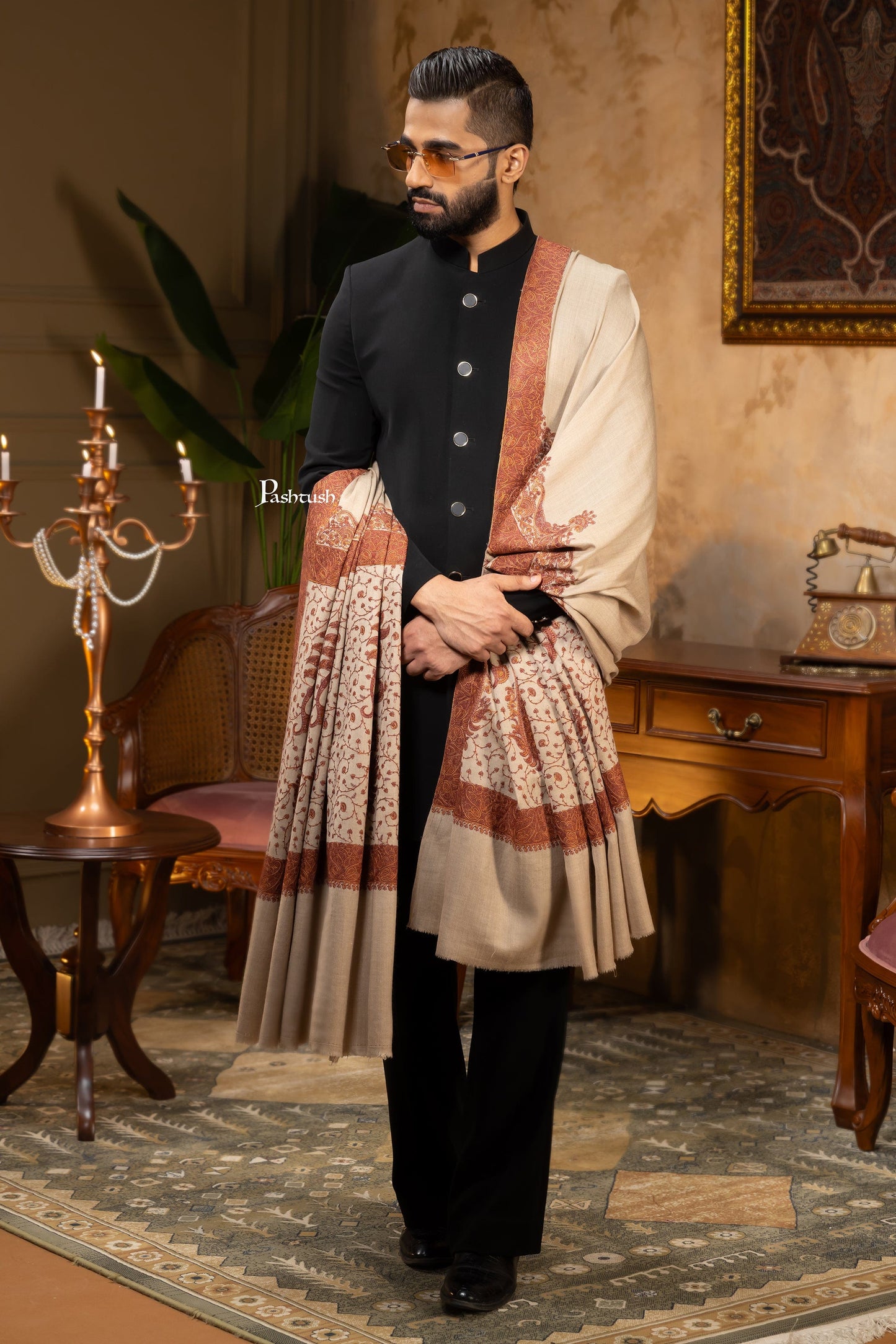 Pashtush India Mens Shawls Gents Shawl Pashtush Mens Shawl, Fine Wool, Full Size, Palla Embroidery, Taupe