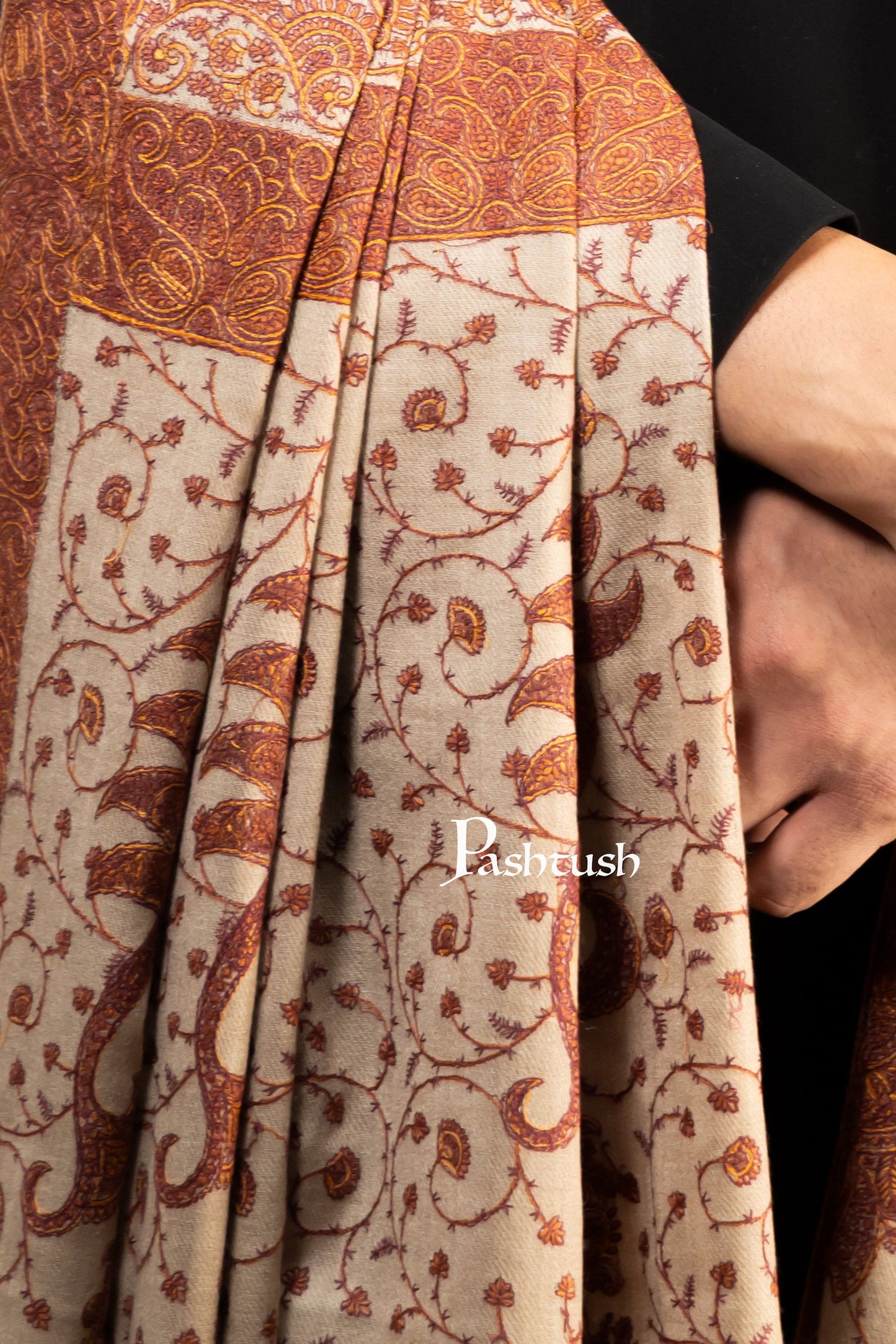 Pashtush India Mens Shawls Gents Shawl Pashtush Mens Shawl, Fine Wool, Full Size, Palla Embroidery, Taupe