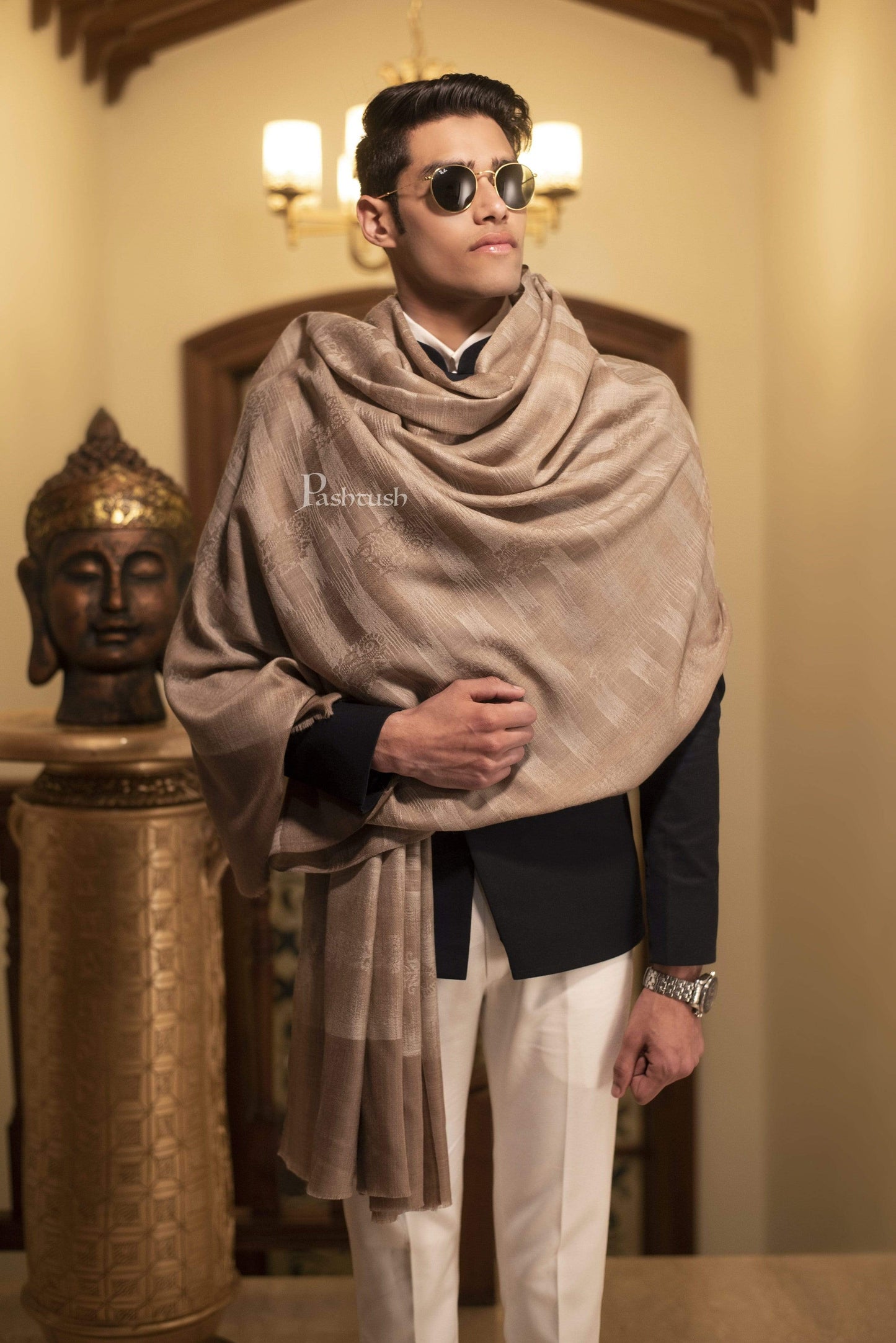 Pashtush India 114x228 Pashtush Mens Shawl, Fine Wool Jacquard Weave Shawl, Soft and Light Weight