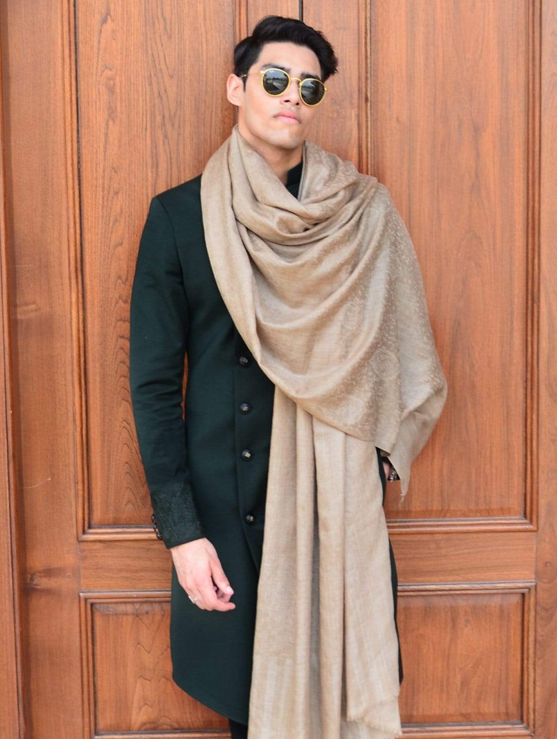 Pashtush Mens Shawl Fine Wool Self Jacquard Soft And Light Weight Beige