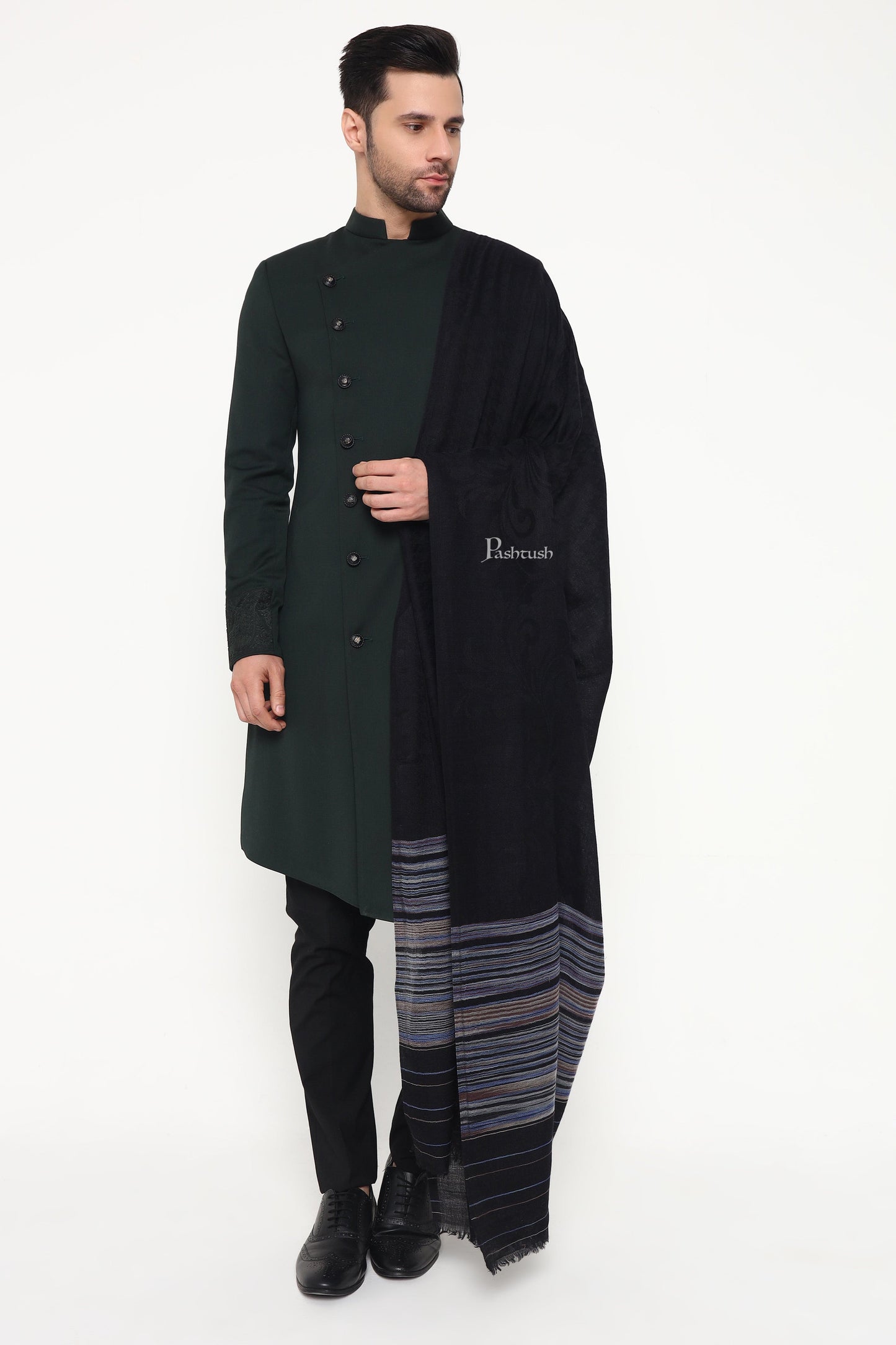 Pashtush India Mens Shawls Gents Shawl Pashtush Mens Shawl, Reversible Design, Black