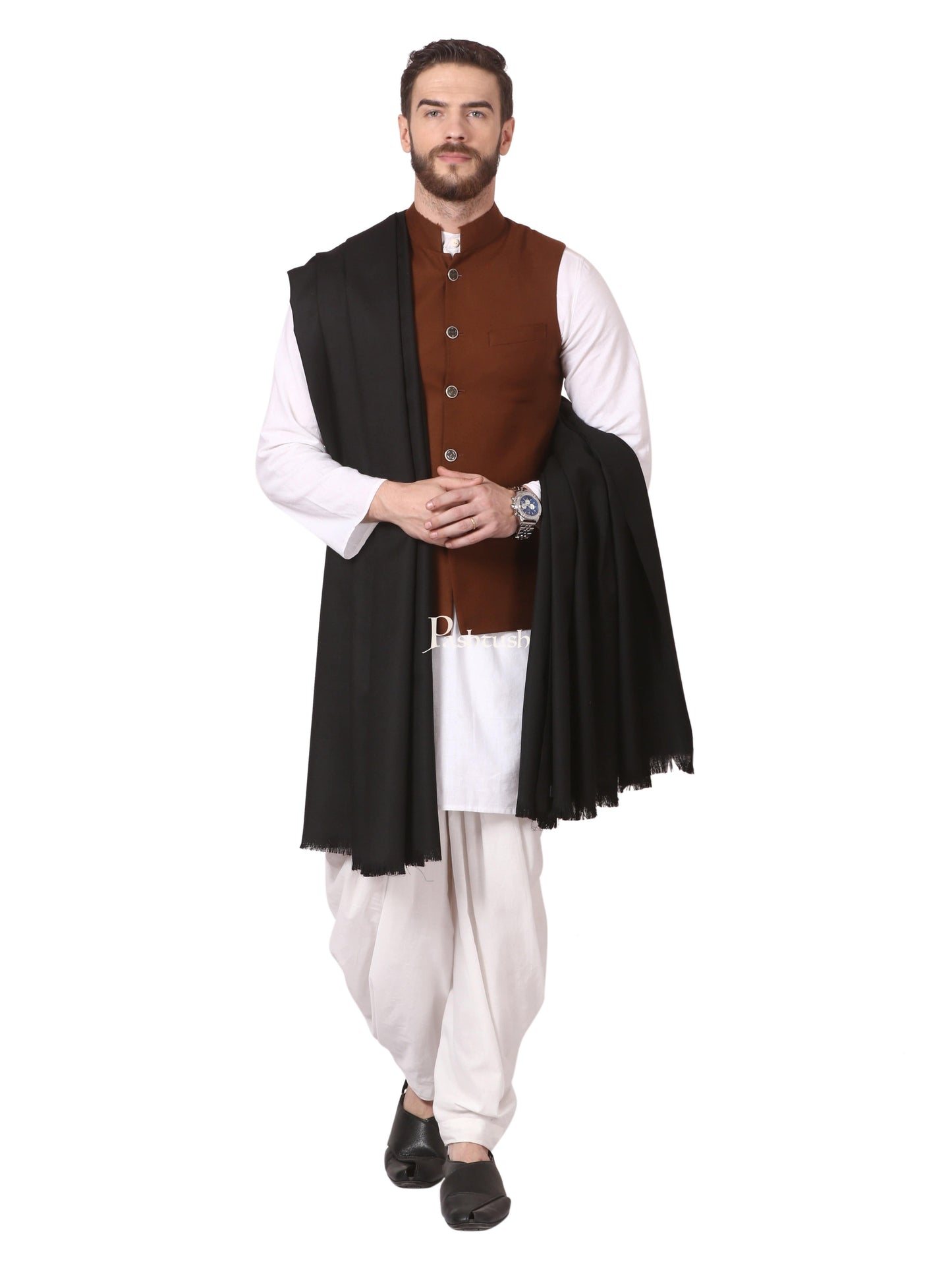 Pashtush India Mens Shawls Gents Shawl Pashtush Mens Shawl, Thick Lohi, 50% Australian Merino Wool, Black