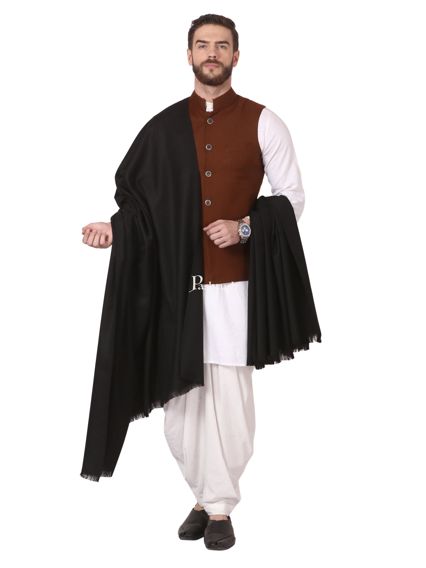 Pashtush India Mens Shawls Gents Shawl Pashtush Mens Shawl, Thick Lohi, 50% Australian Merino Wool, Black
