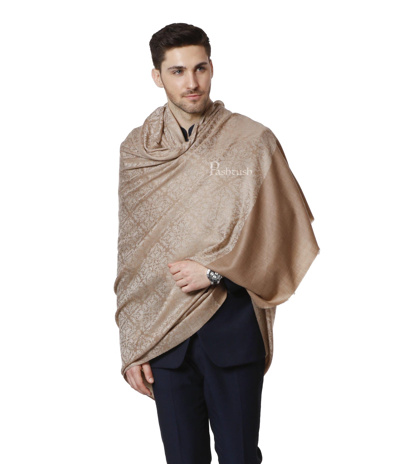Pashtush India 114x228 Pashtush Mens Shawl, With Woven Jacquard Weave, Neutral Beige