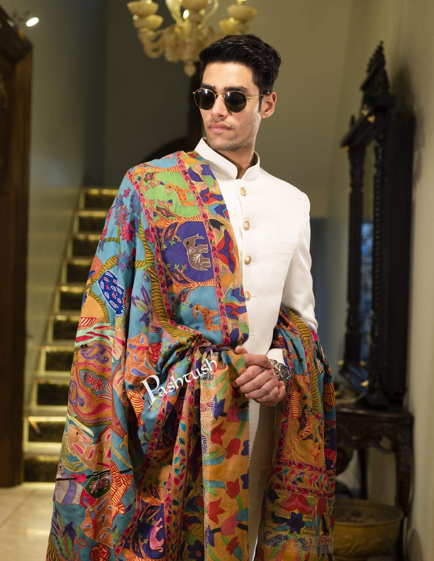 Pashtush India 100x200 Pashtush Mens Shikaar-dar Hand Embroidered, Shawl in Pure Wool (certified)