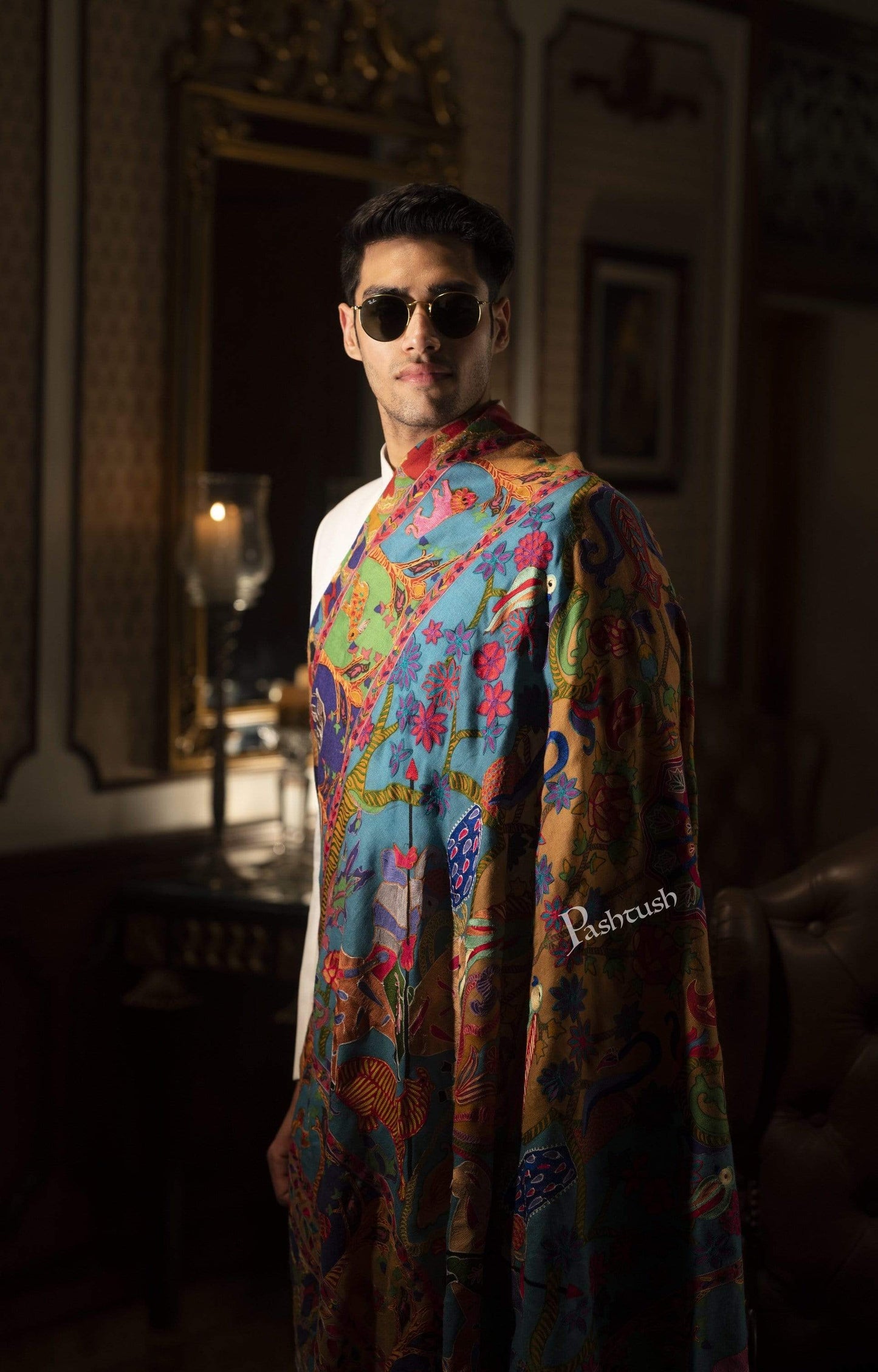 Pashtush India 100x200 Pashtush Mens Shikaar-dar Hand Embroidered, Shawl in Pure Wool (certified)