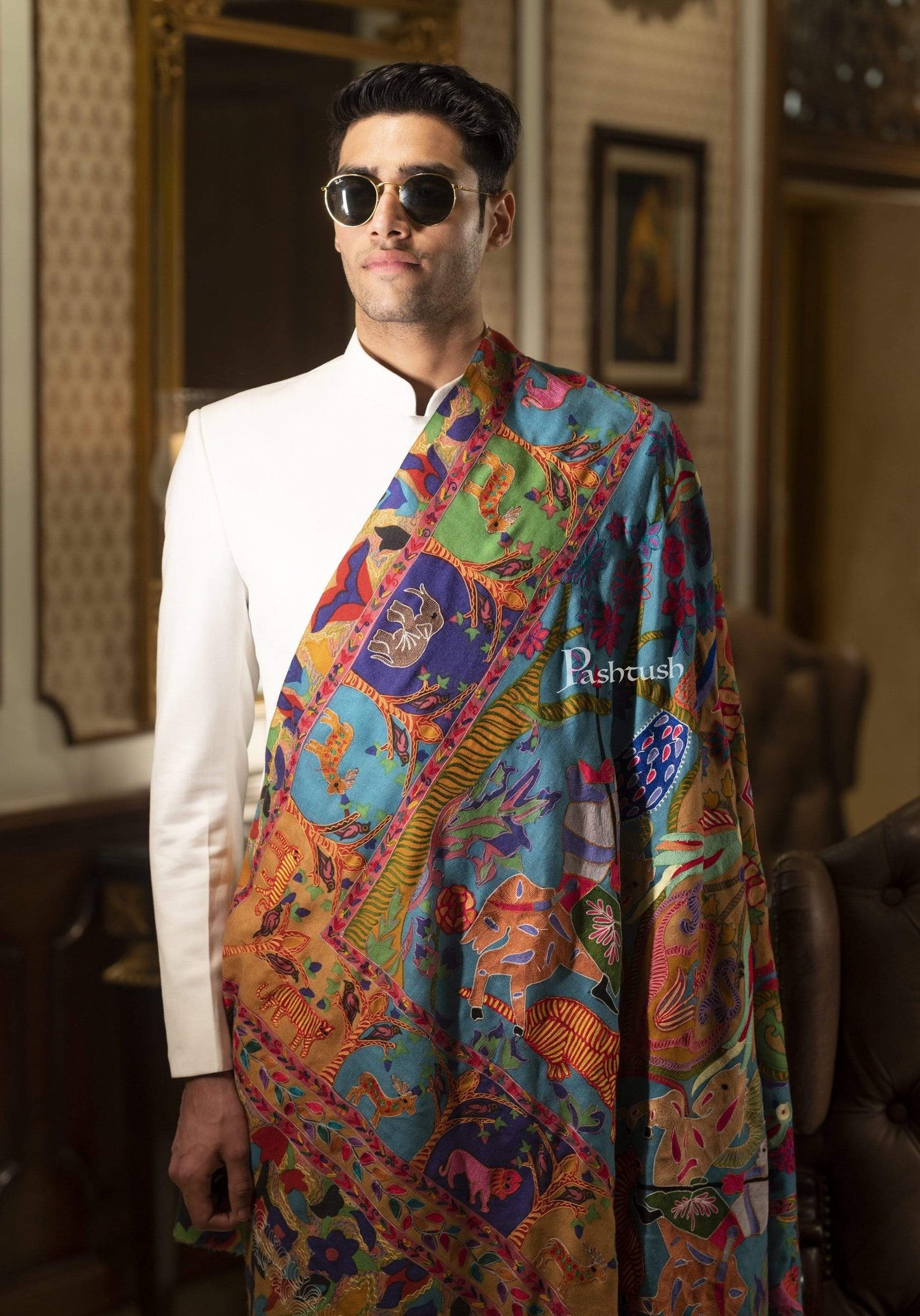 Pashtush India 100x200 Pashtush Mens Shikaar-dar Hand Embroidered, Shawl in Pure Wool (certified)