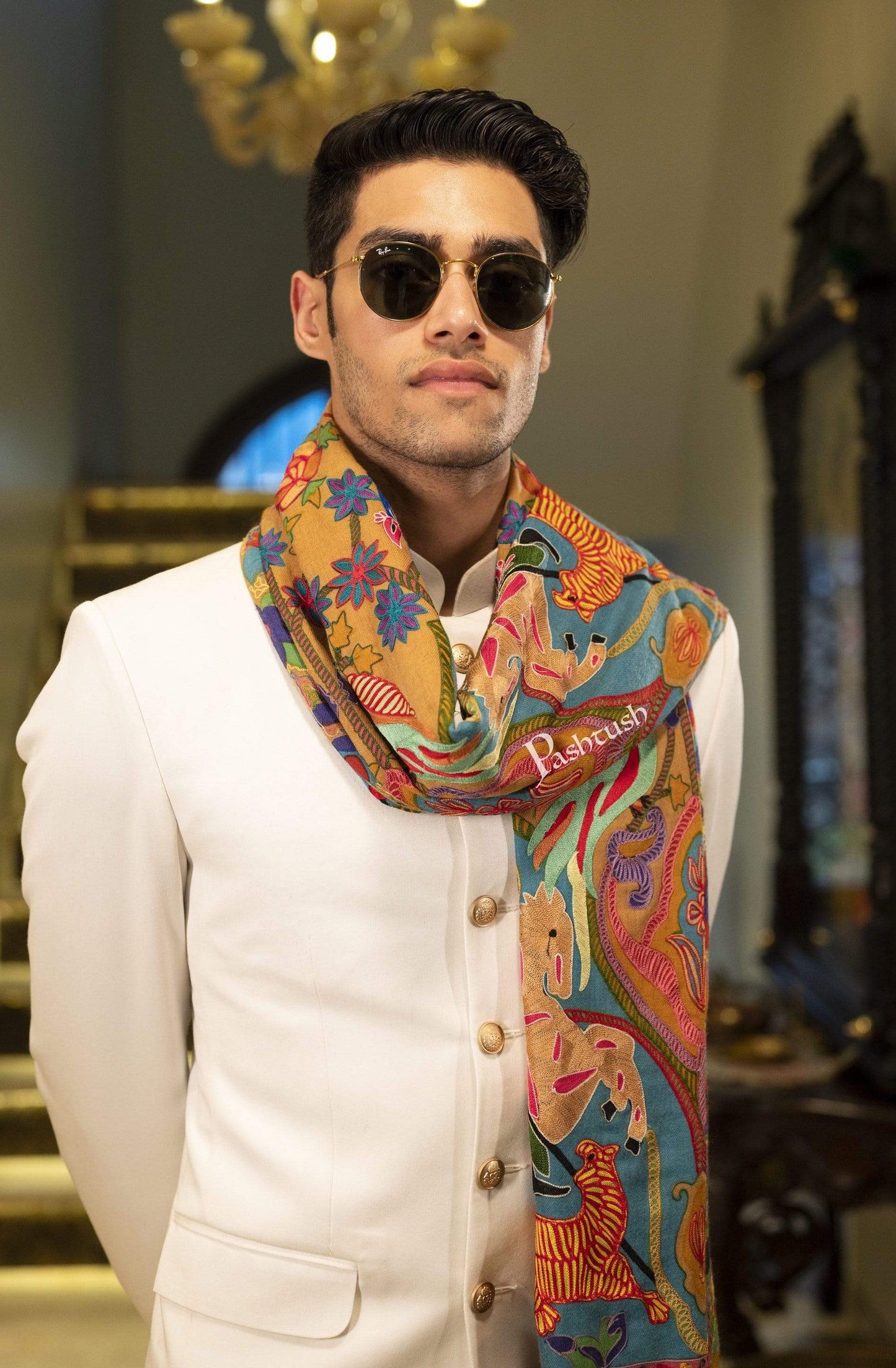 Pashtush India 100x200 Pashtush Mens Shikaar-dar Hand Embroidered, Shawl in Pure Wool (certified)