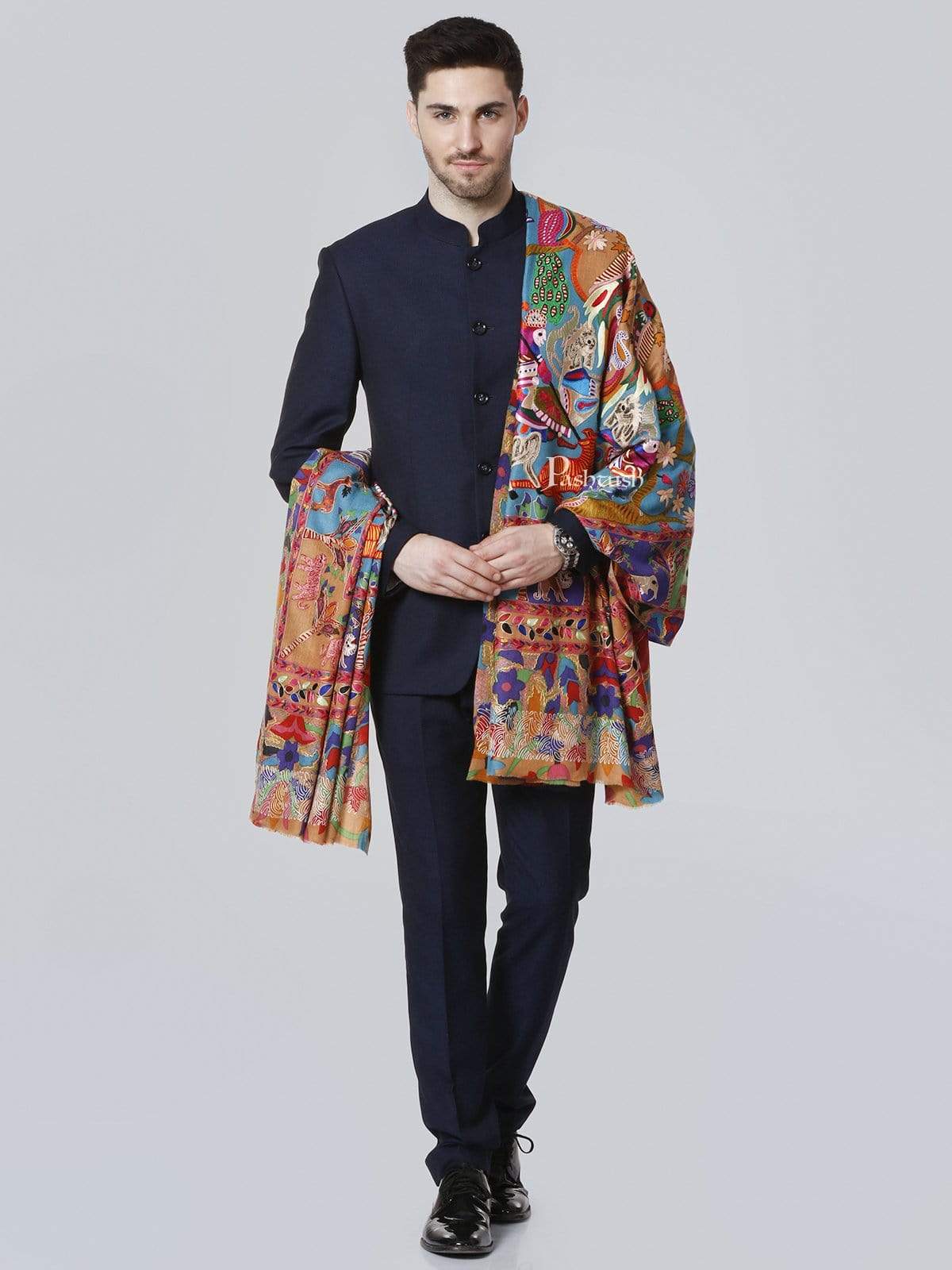 Pashtush India 114x228 Pashtush Mens Shikaar-dar Hand Embroidered, Shawl in fine wool