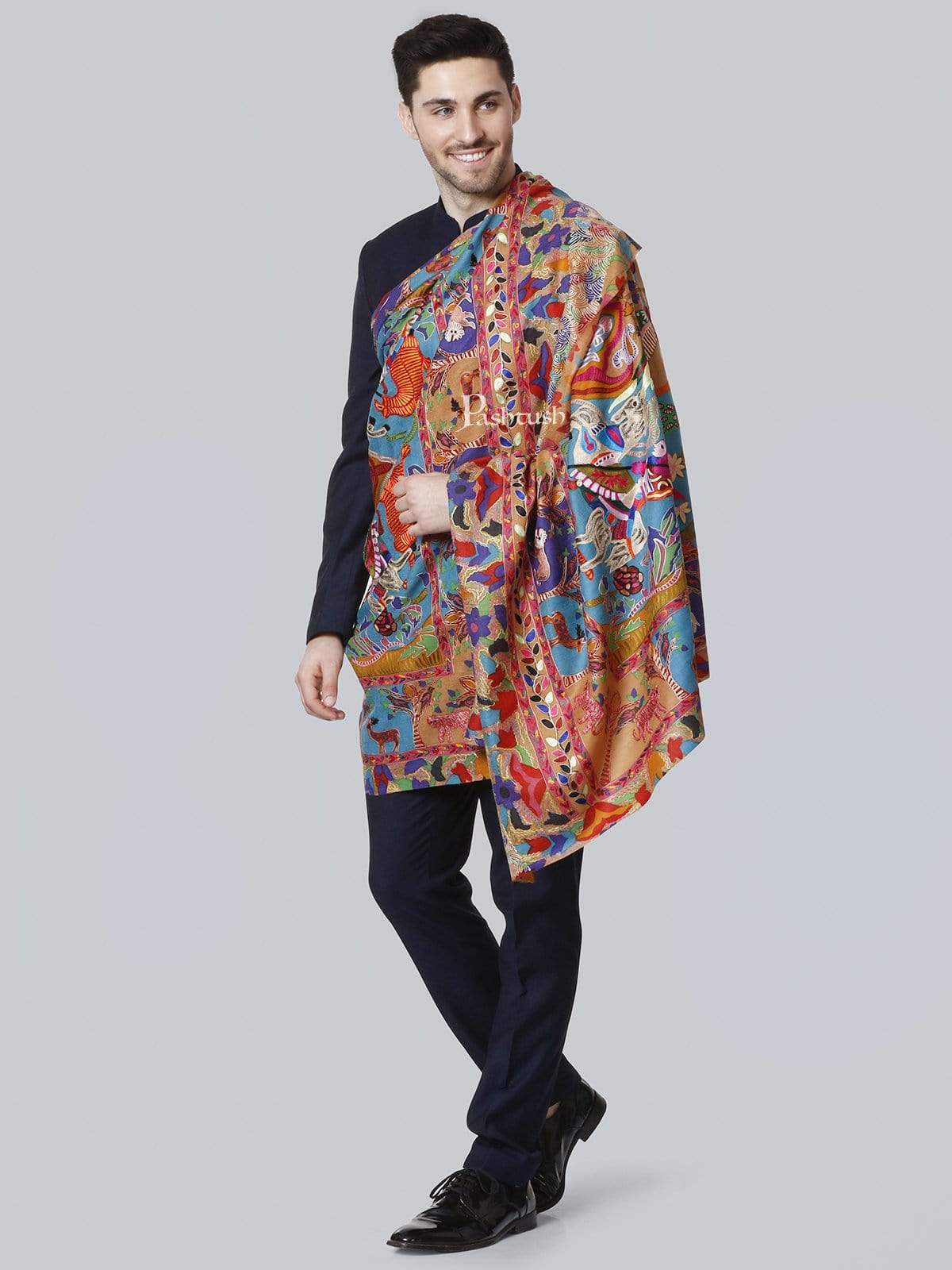 Pashtush India 114x228 Pashtush Mens Shikaar-dar Hand Embroidered, Shawl in fine wool