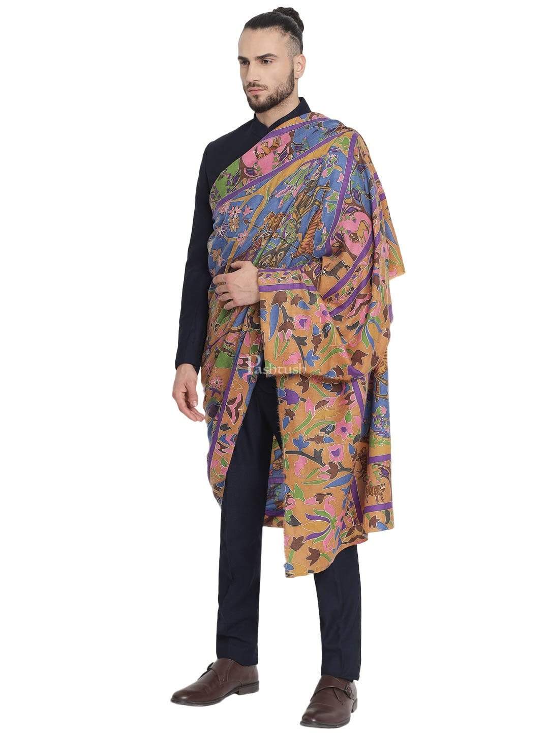 Pashtush India 114x228 Pashtush Mens Shikaar-Dar Hand Embroidered, Shawl In Fine Wool