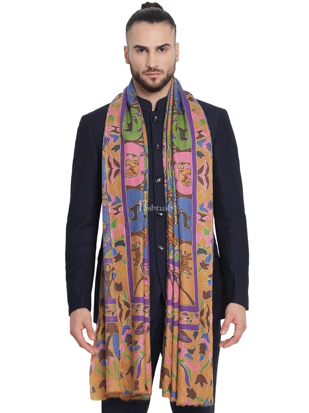 Pashtush India 114x228 Pashtush Mens Shikaar-Dar Hand Embroidered, Shawl In Fine Wool