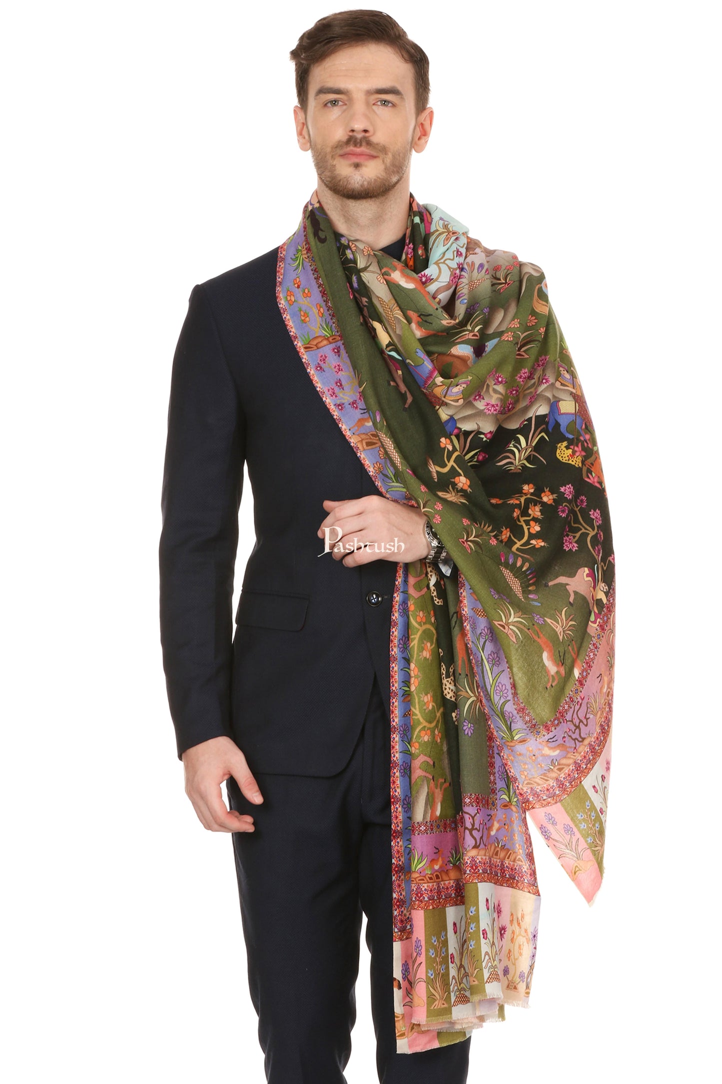 Pashtush India Mens Shawls Gents Shawl Pashtush Mens Shikaardar Shawl, 100% Pure Wool, Woolmark Certified, Full Size
