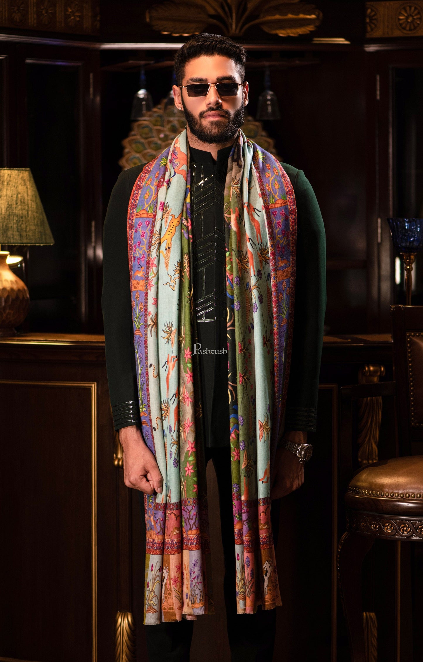 Pashtush India Mens Shawls Gents Shawl Pashtush Mens Shikaardar Shawl, 100% Pure Wool, Woolmark Certified, Full Size, Multicolour