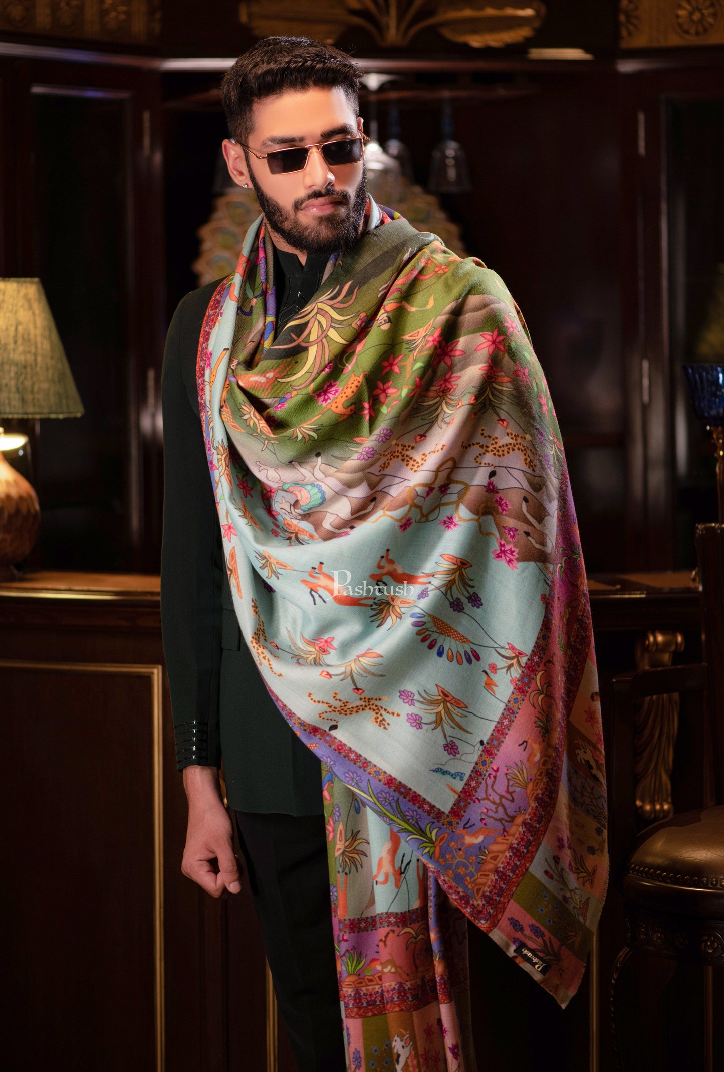 Pashtush India Mens Shawls Gents Shawl Pashtush Mens Shikaardar Shawl, 100% Pure Wool, Woolmark Certified, Full Size, Multicolour