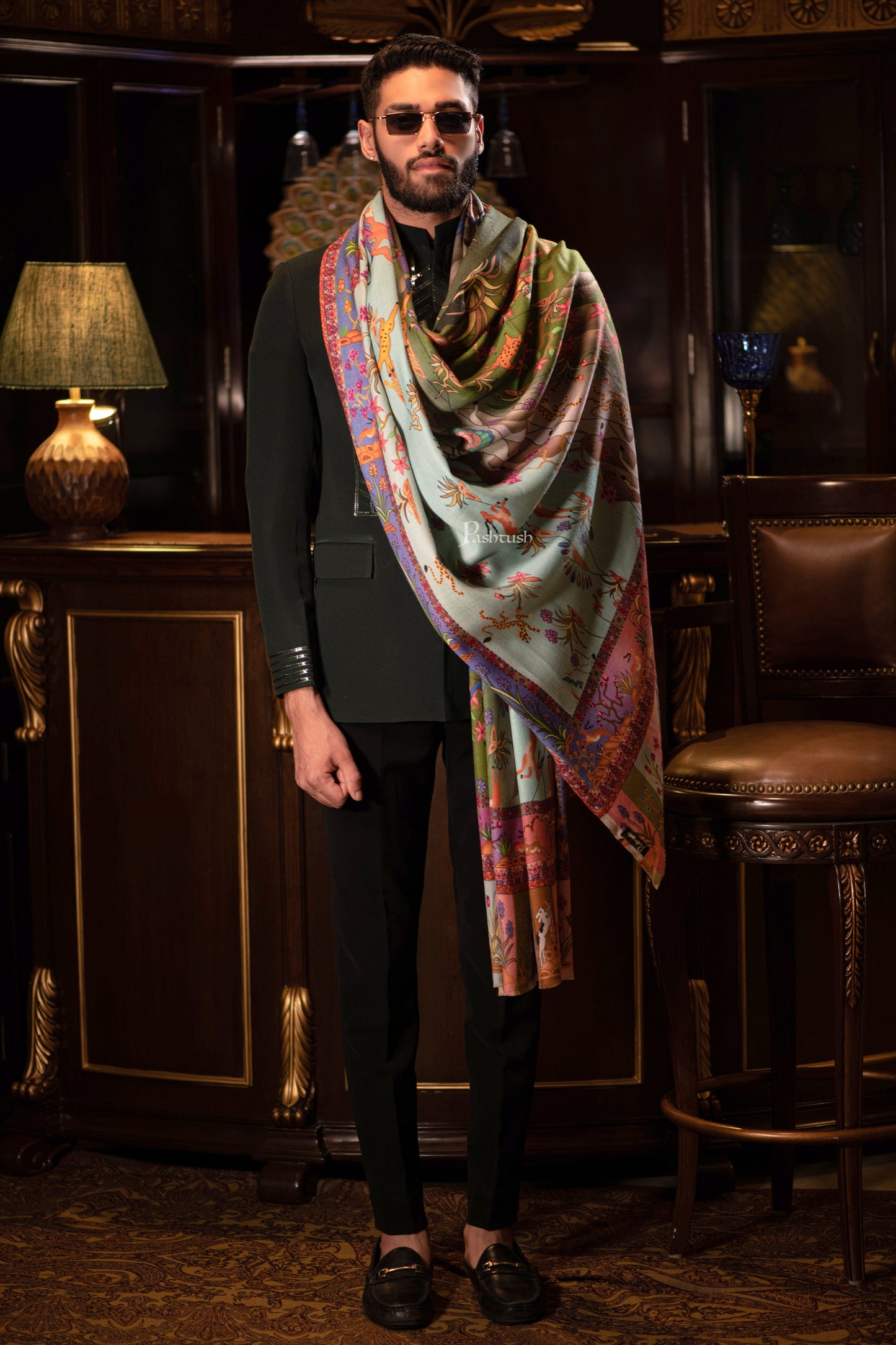 Pashtush India Mens Shawls Gents Shawl Pashtush Mens Shikaardar Shawl, 100% Pure Wool, Woolmark Certified, Full Size, Multicolour