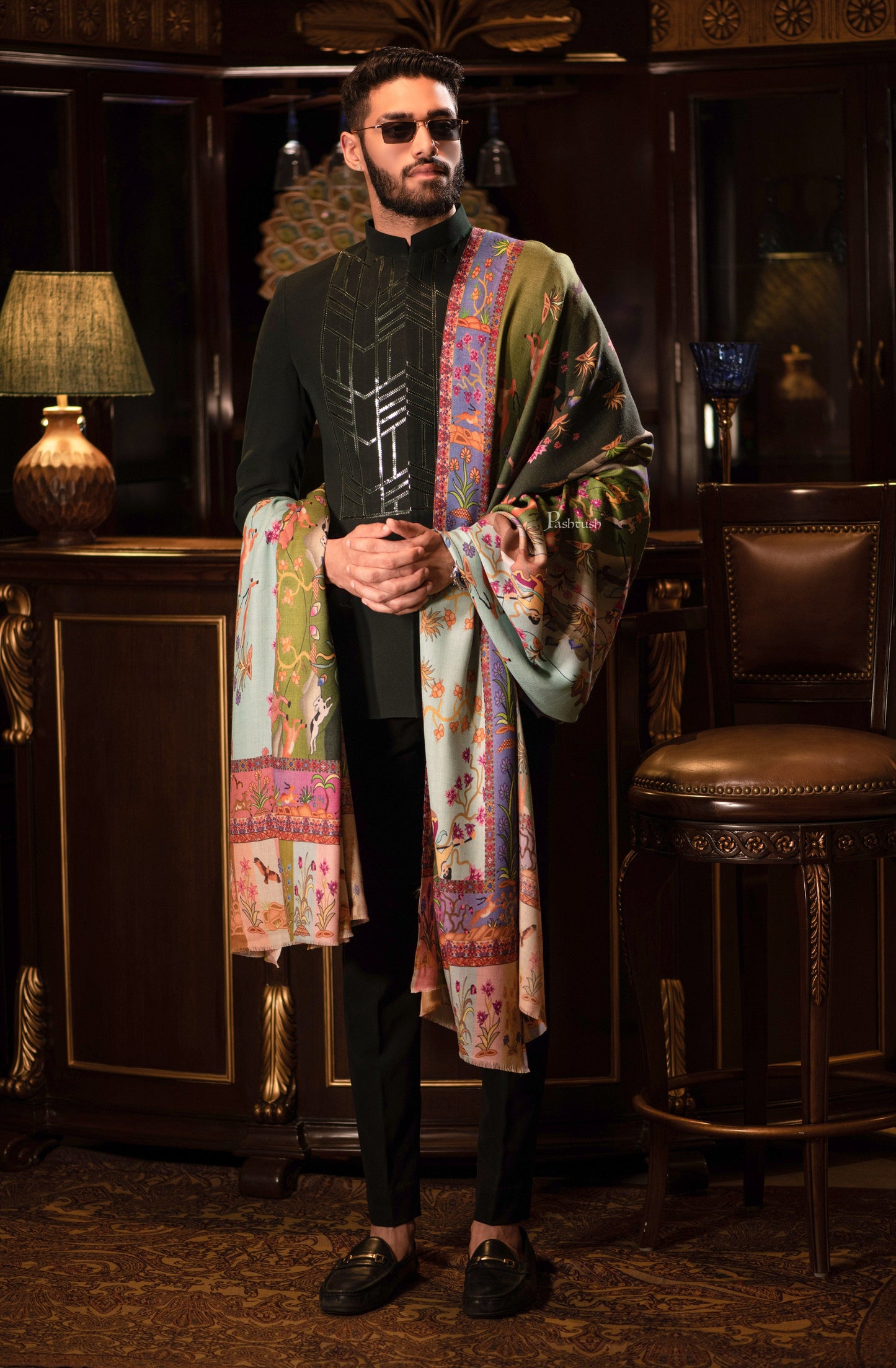 Pashtush India Mens Shawls Gents Shawl Pashtush Mens Shikaardar Shawl, 100% Pure Wool, Woolmark Certified, Full Size, Multicolour