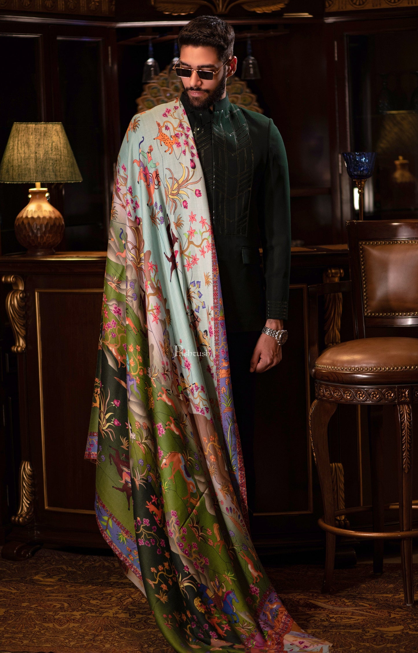 Pashtush India Mens Shawls Gents Shawl Pashtush Mens Shikaardar Shawl, 100% Pure Wool, Woolmark Certified, Full Size, Multicolour