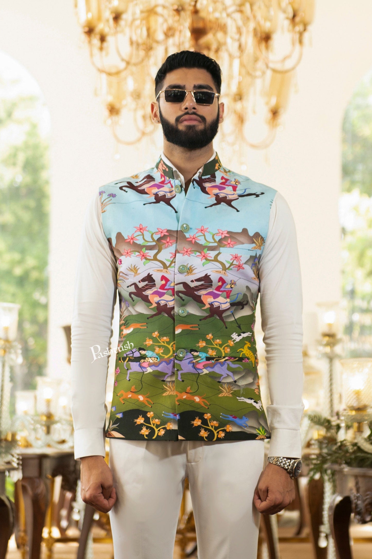 Pashtush India Coats & Jackets Pashtush Mens Shikaardar Waistcoat, Pastel Hues, Printed in Luxurious Cotton