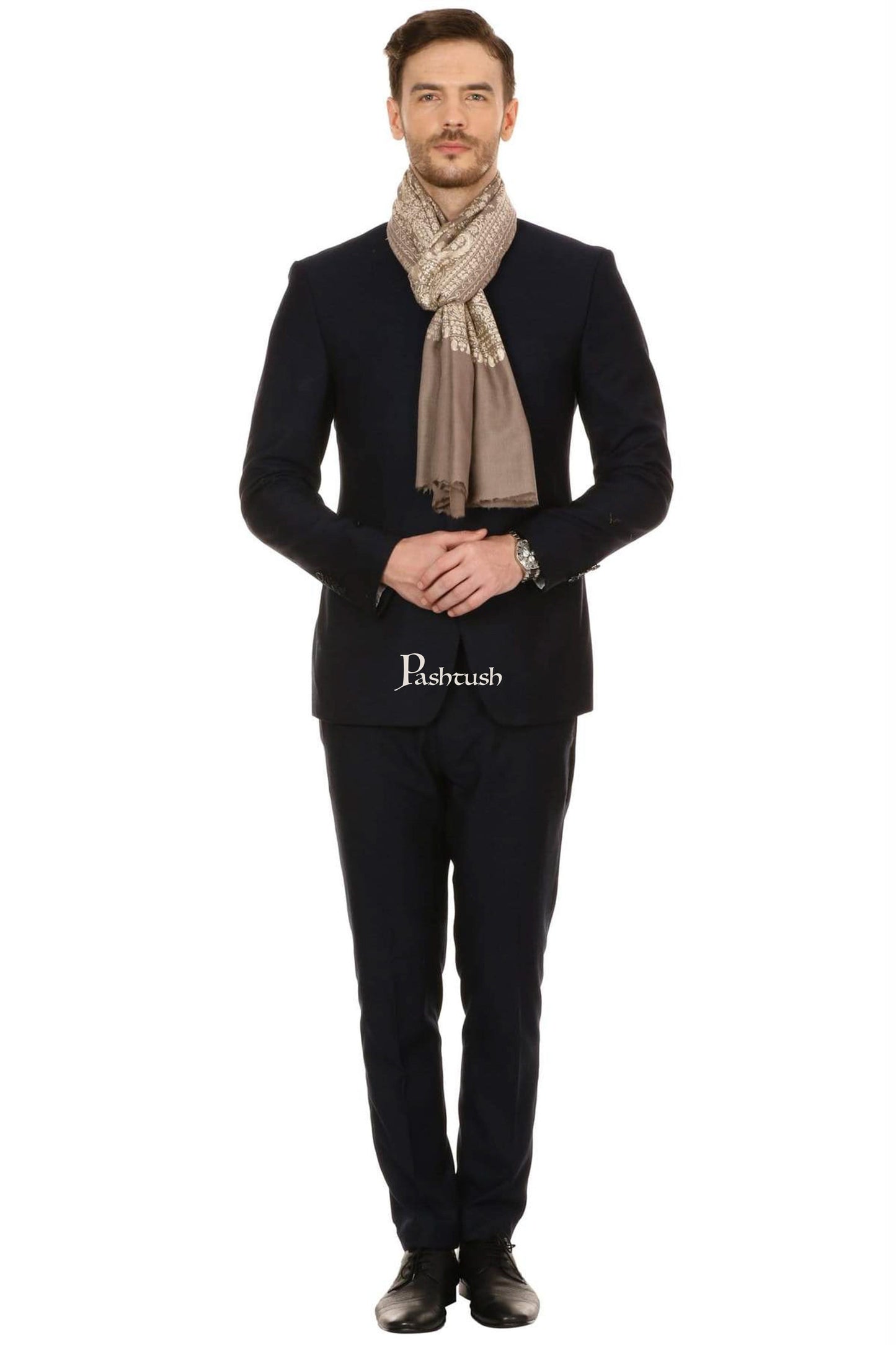Pashtush India Mens Scarves Stoles and Mufflers Pashtush Mens Silk-Fine Wool Fine Wool, Nalki Embroidery Needlework Stole - Beige