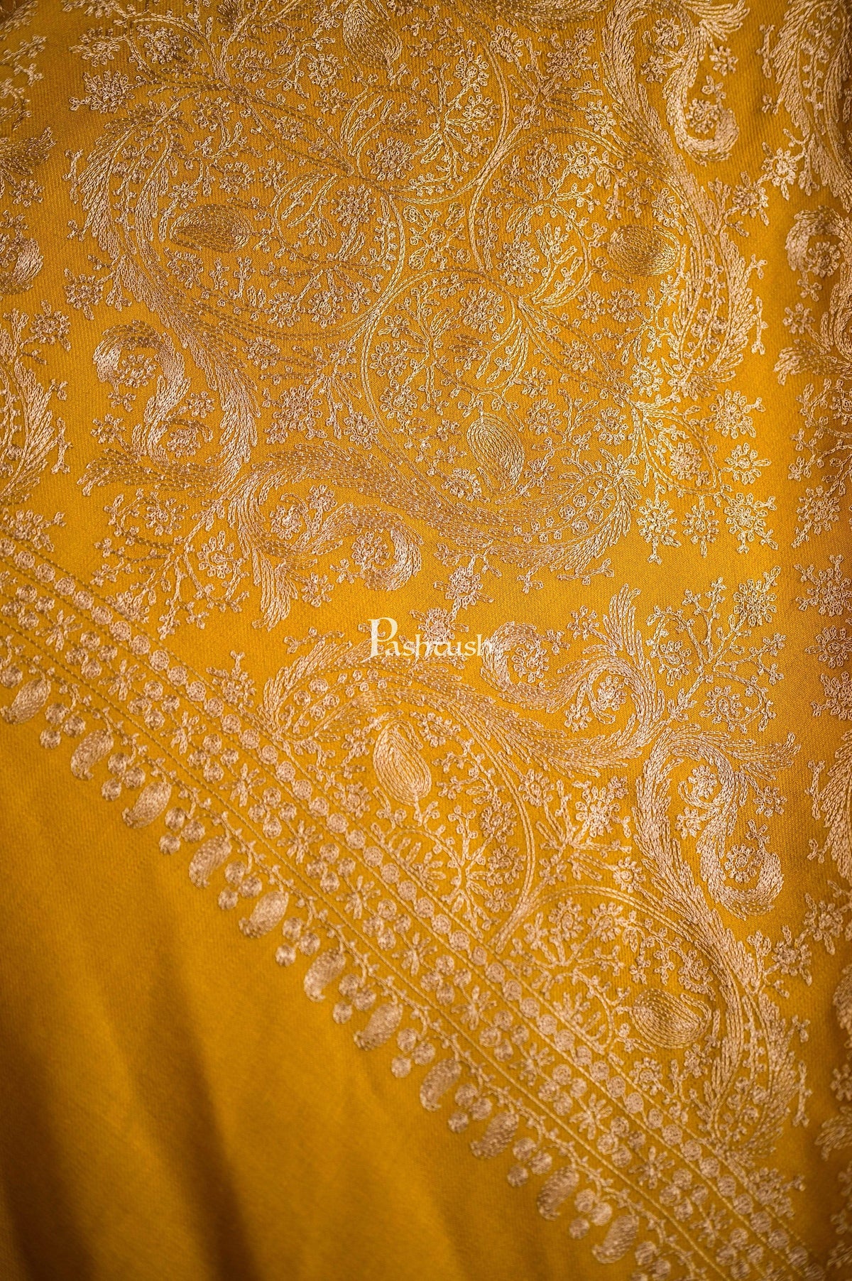 Pashtush India 70x200 Pashtush Mens Silk-Pashmina Fine Wool, Nalki Embroidery, Mustard