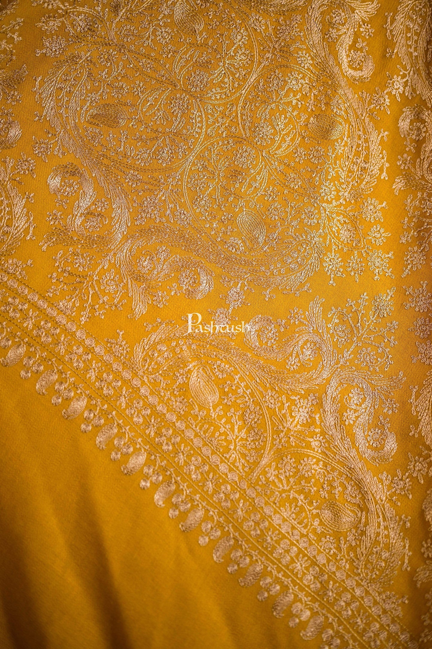 Pashtush India 70x200 Pashtush Mens Silk-Pashmina Fine Wool, Nalki Embroidery, Mustard