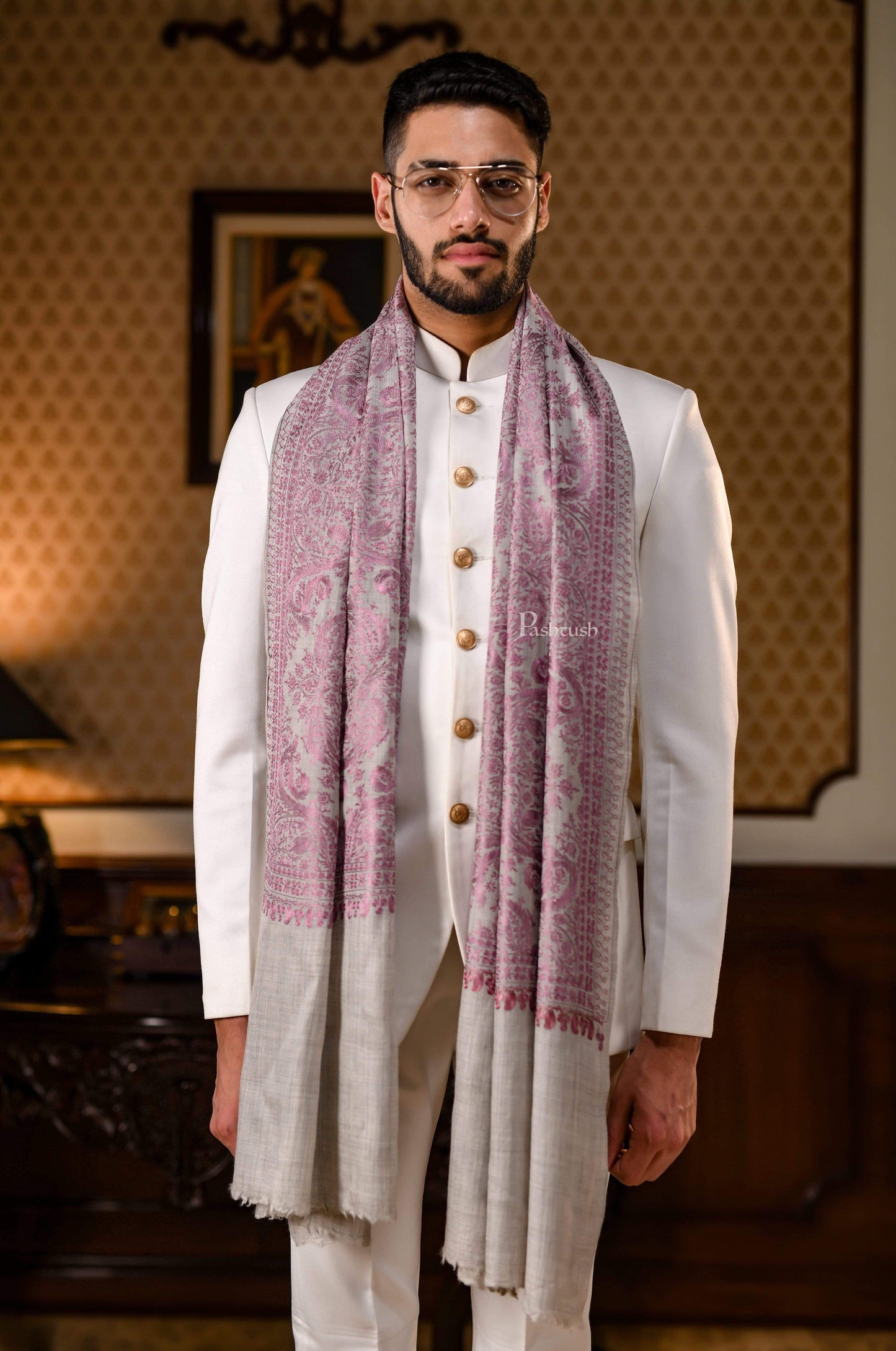 Pashtush India 70x200 Pashtush Mens Silk-Pashmina Fine Wool, Nalki Embroidery Needlework Stole