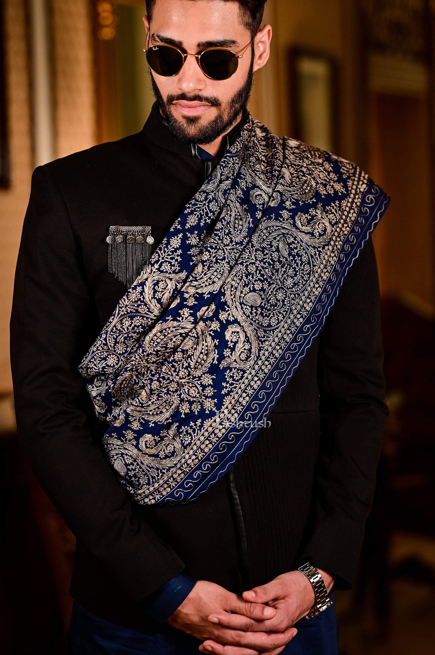 Pashtush India 70x200 Pashtush Mens Silk-Pashmina Fine Wool, Nalki Embroidery Needlework Stole