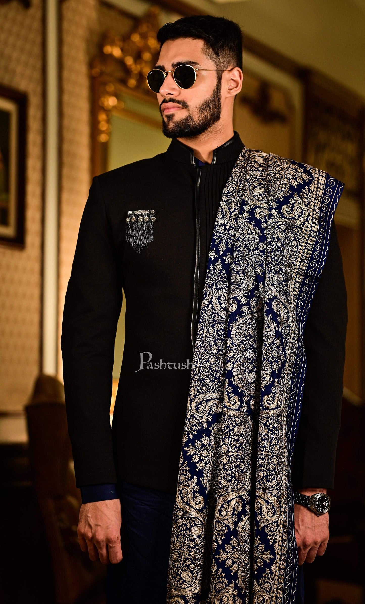 Pashtush India 70x200 Pashtush Mens Silk-Pashmina Fine Wool, Nalki Embroidery Needlework Stole
