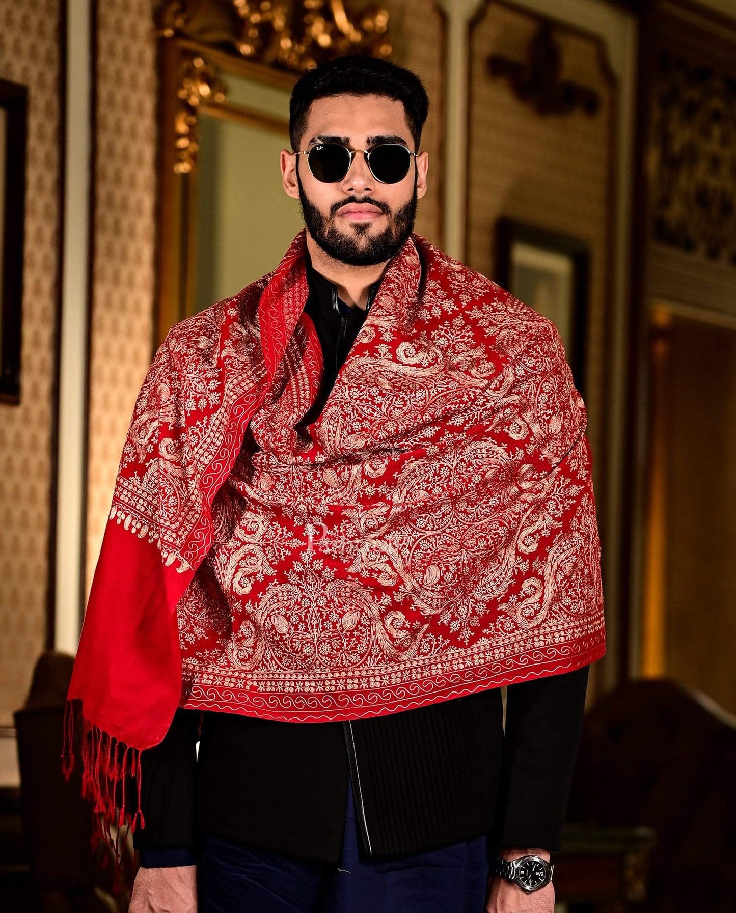Pashtush India 70x200 Pashtush Mens Silk-Pashmina Fine Wool, Nalki Embroidery Needlework Stole