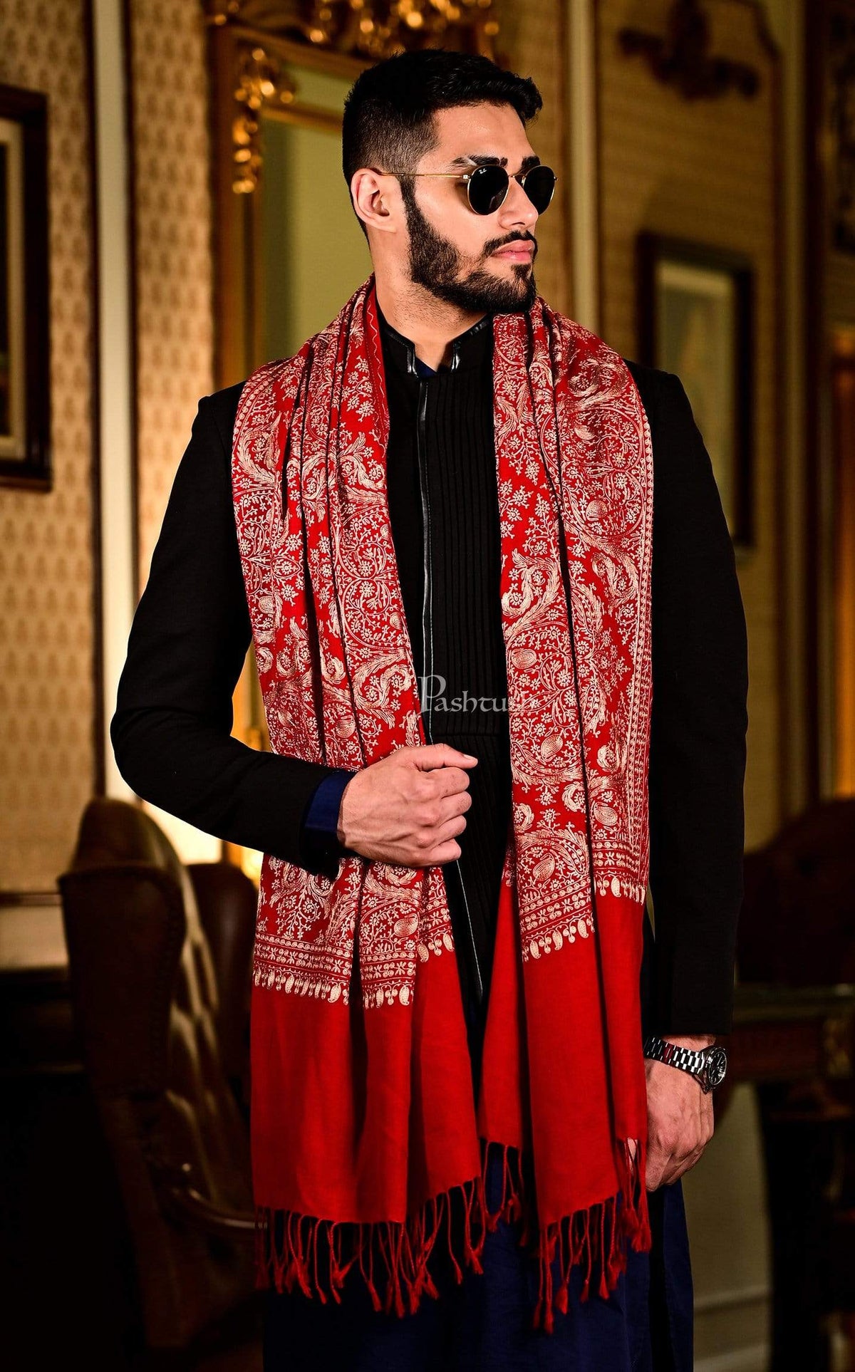Pashtush India 70x200 Pashtush Mens Silk-Pashmina Fine Wool, Nalki Embroidery Needlework Stole