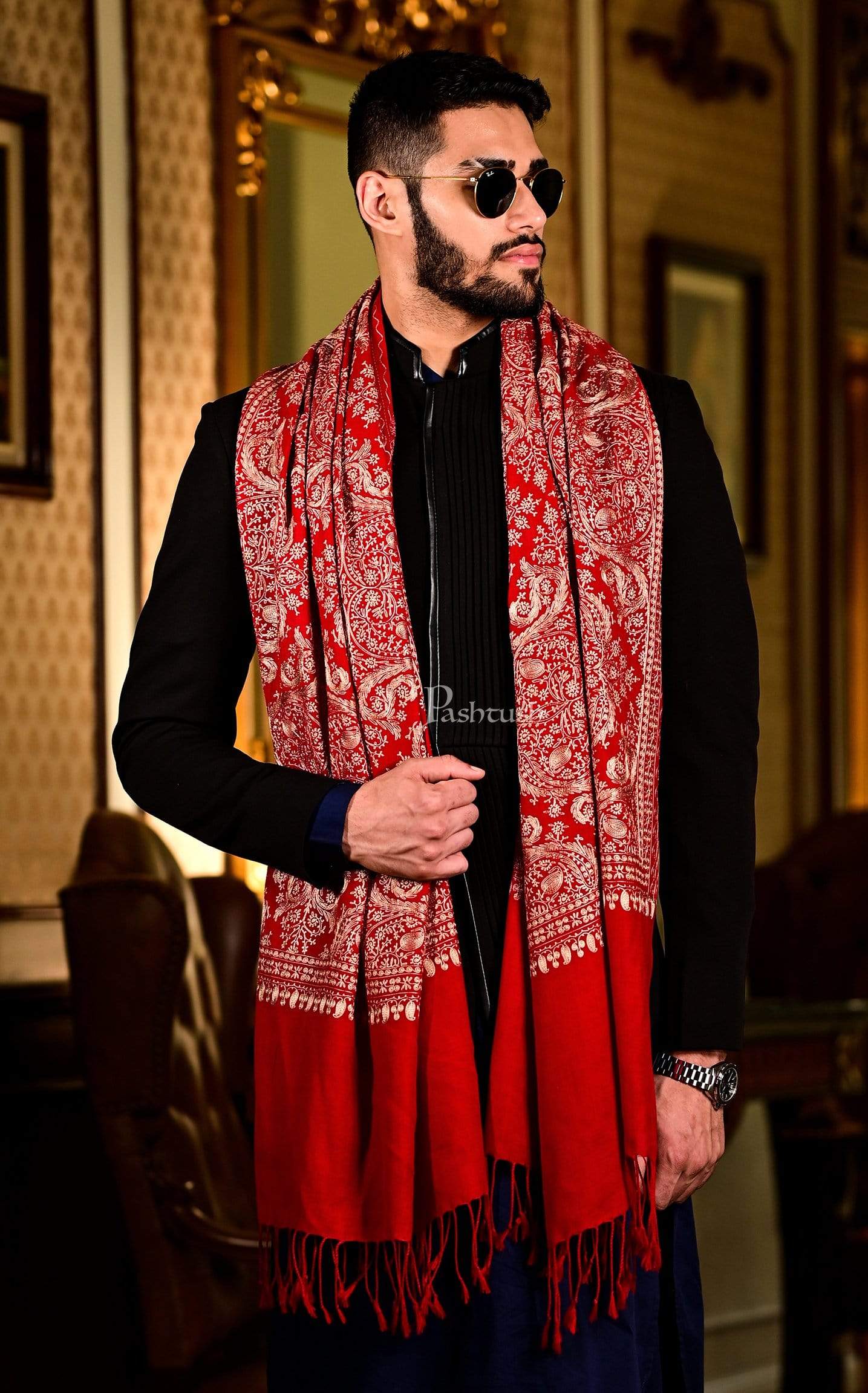 Pashtush India 70x200 Pashtush Mens Silk-Pashmina Fine Wool, Nalki Embroidery Needlework Stole