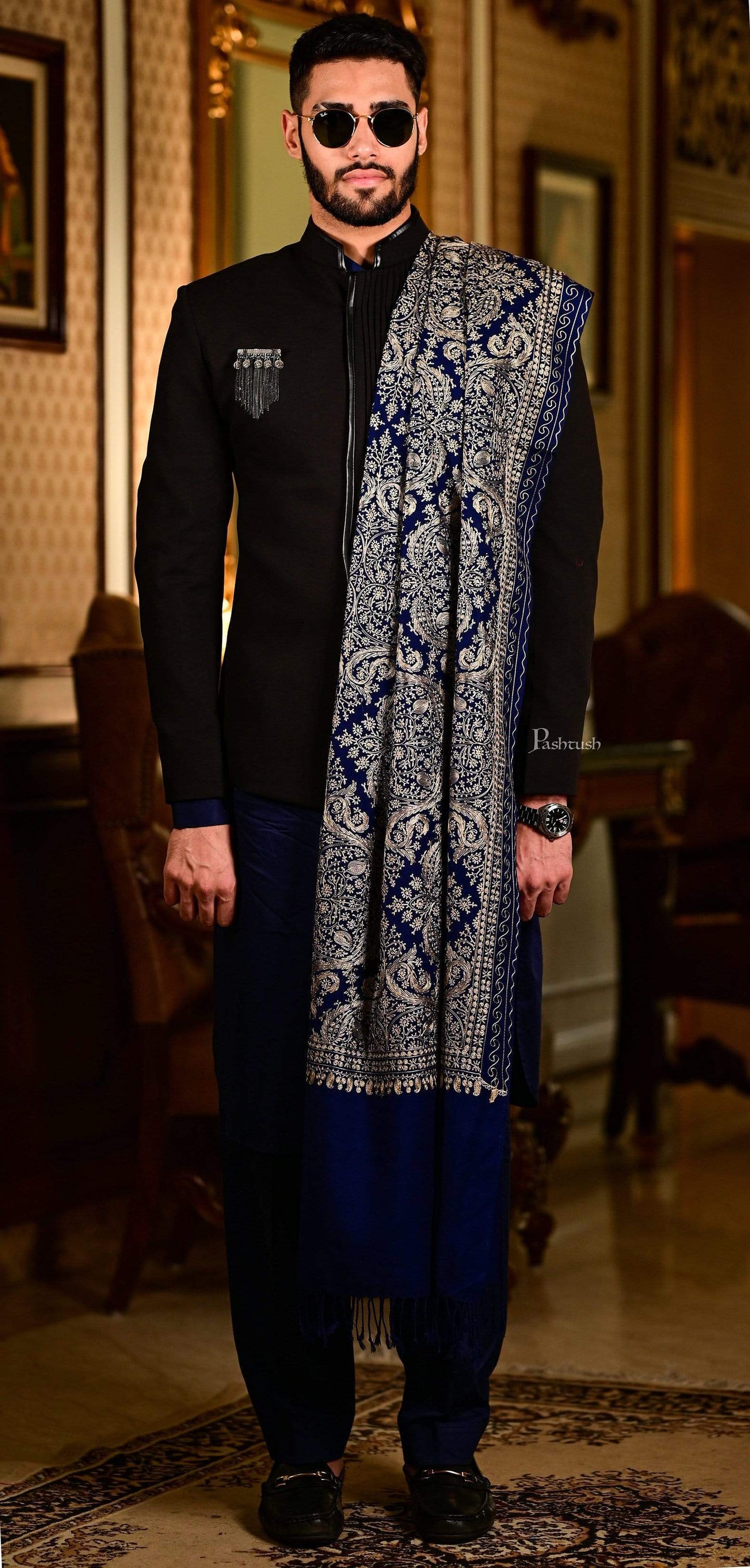 Pashtush India 70x200 Pashtush Mens Silk-Pashmina Fine Wool, Nalki Embroidery Needlework Stole