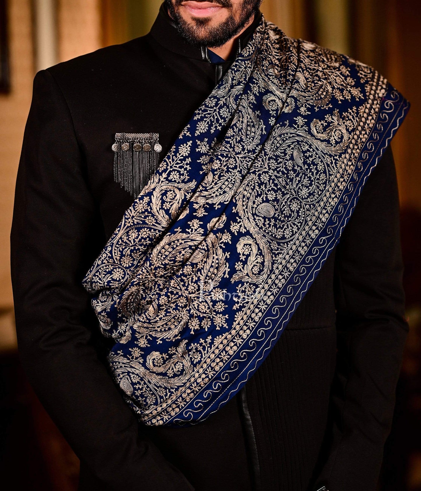 Pashtush India 70x200 Pashtush Mens Silk-Pashmina Fine Wool, Nalki Embroidery Needlework Stole