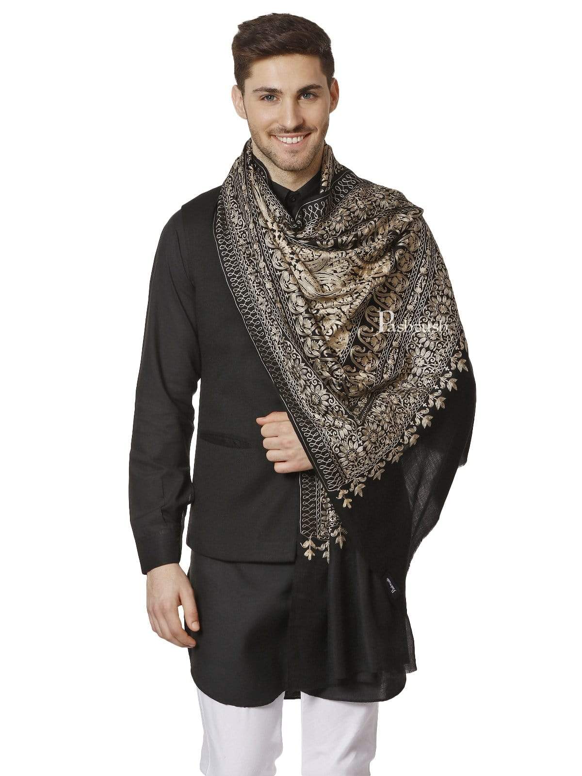 Pashtush India 70x200 PASHTUSH MENS SILK-Wool FINE WOOL, NALKI EMBROIDERY NEEDLEWORK STOLE