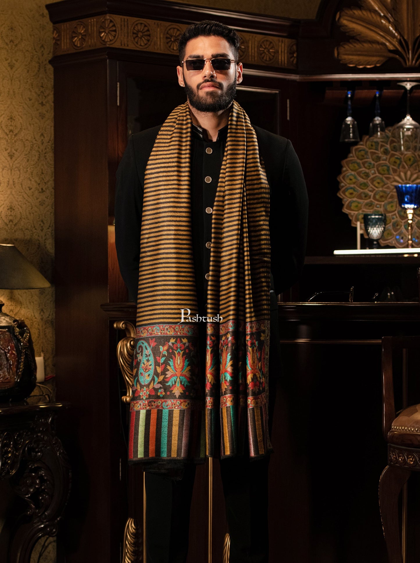 Pashtush India Mens Shawls Gents Shawl Pashtush Mens Soft Wool Cashmere Blended Stole With Ethnic Weave Palla, Multicolour