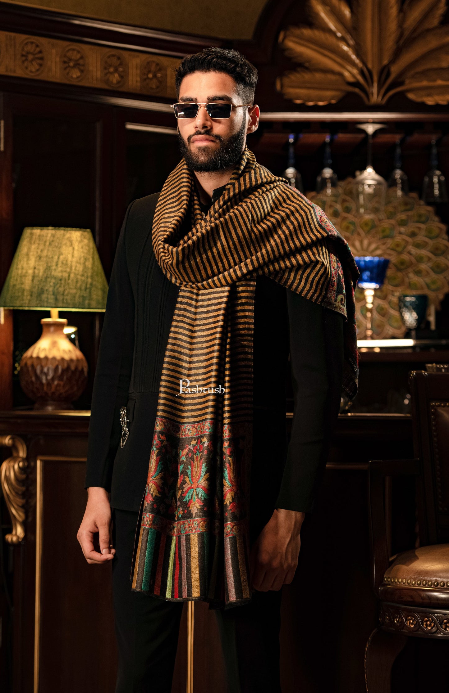 Pashtush India Mens Shawls Gents Shawl Pashtush Mens Soft Wool Cashmere Blended Stole With Ethnic Weave Palla, Multicolour